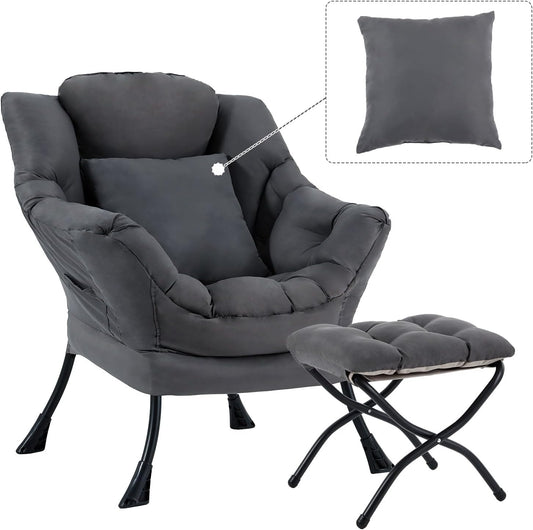 Lazy Chair with Ottoman, Comfy Reading Lounge Chair with Footstool & Throw Pillow Modern with Armrests & Side Pocket for Living Room, Bedroom, Dorm Room, Dark Grey