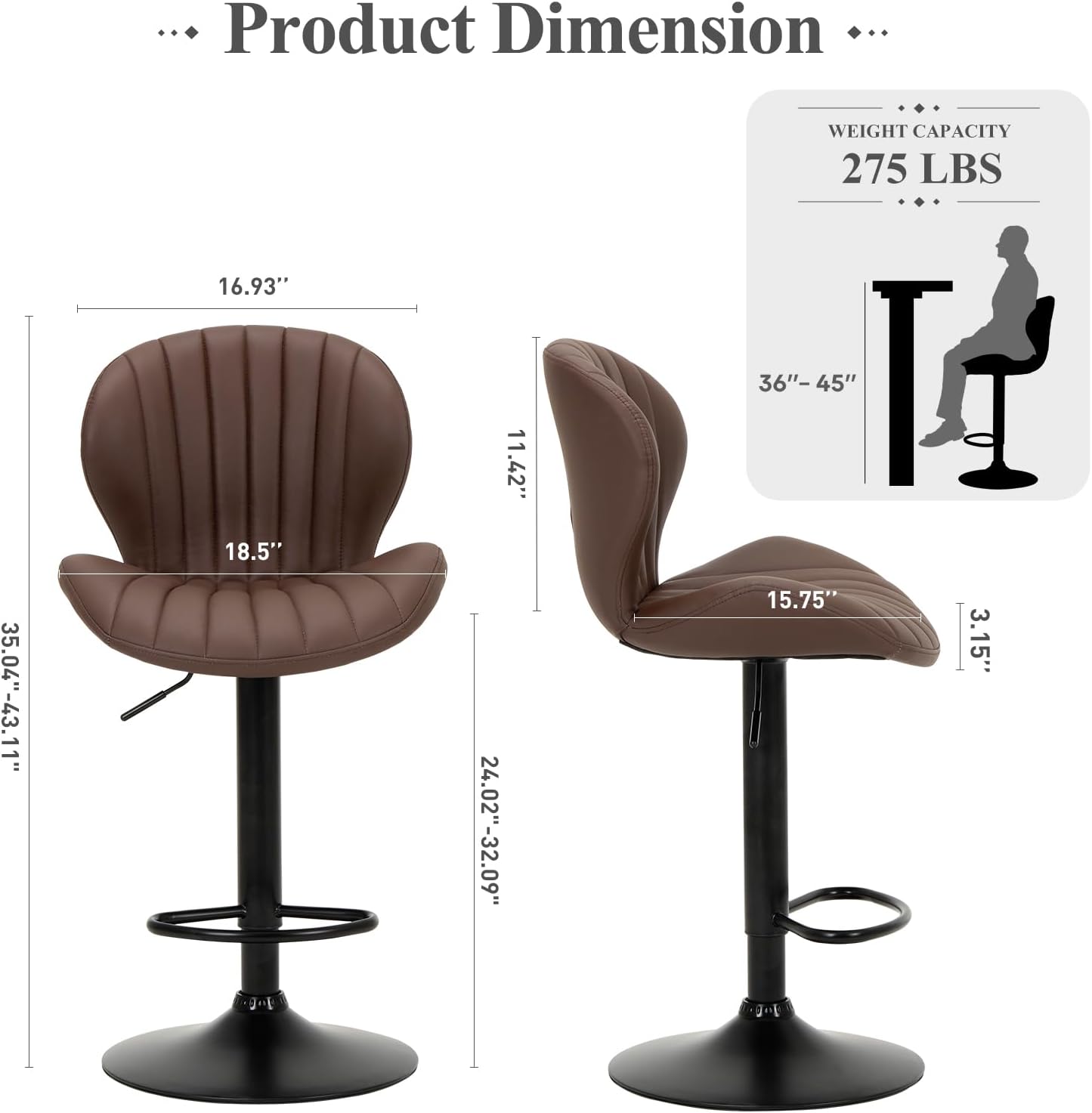 COLAMY Bar Stools Set of 2, Modern Swivel Bar Chairs, Adjustable Faux Leather Upholstered Barstools Counter Height with High Backrest for Bar, Kitchen Island, Dining Room, Brown