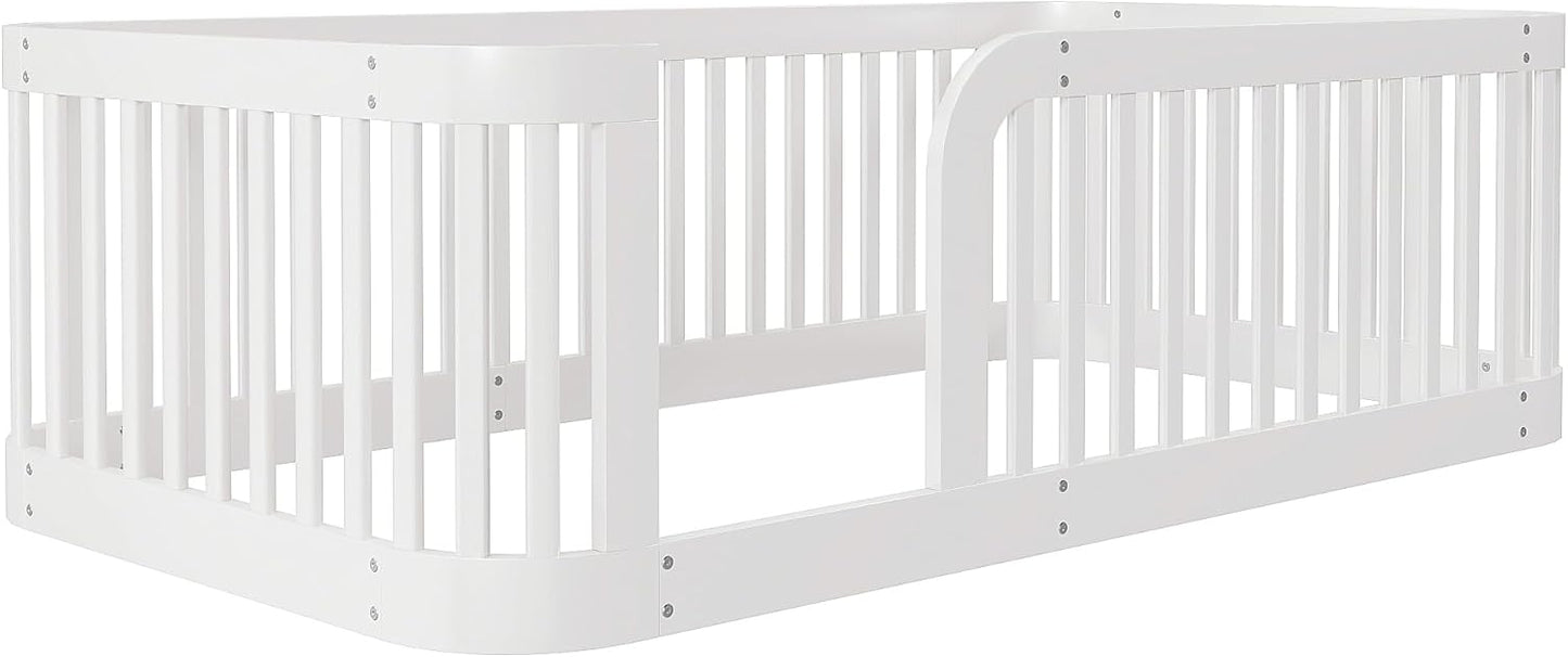 Bellemave Twin Floor Bed with High Fence and Rounded Corner Design, Wood Montessori Floor Bed with Guardrail and Entrance, Easy Assemble Montessori Bed Twin Size, White