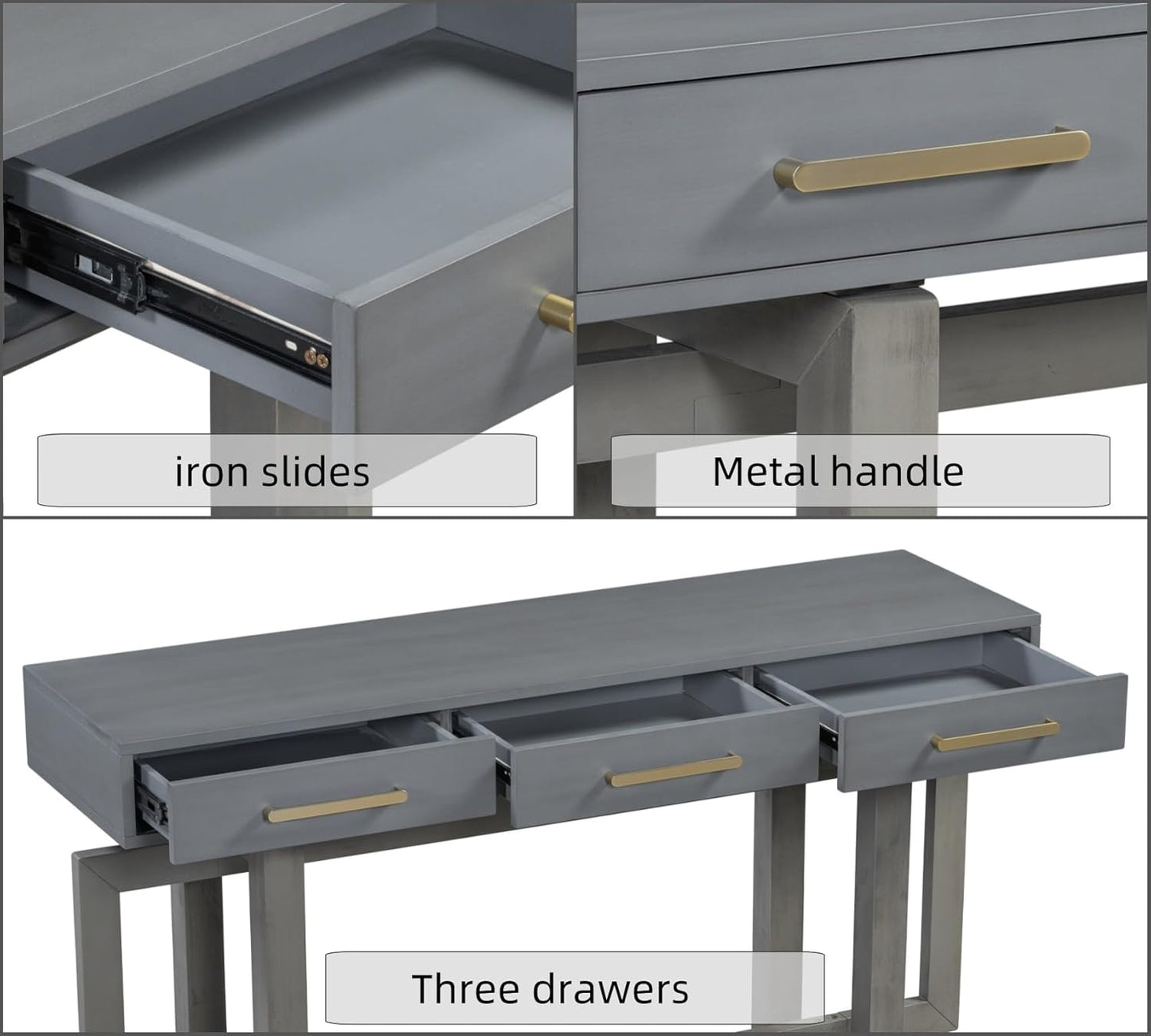 57” Entryway Console Sofa Table with Storage Drawers, Long Narrow Behind Couch Furniture for Living Room, Entrance, Hallway, Front Door, Antique Gray