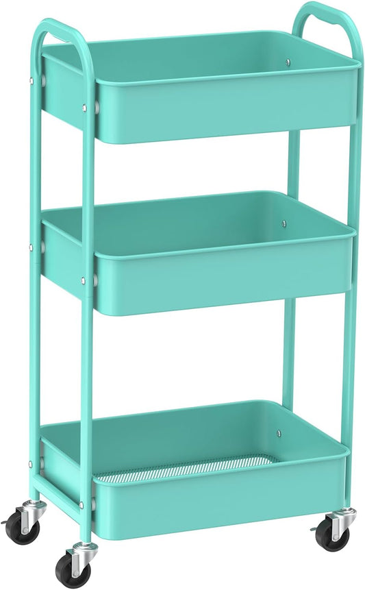 MAX Houser 3-Tier Rolling Utility Cart with Caster Wheels,Easy Assembly, for Kitchen, Bathroom (Turquoise)