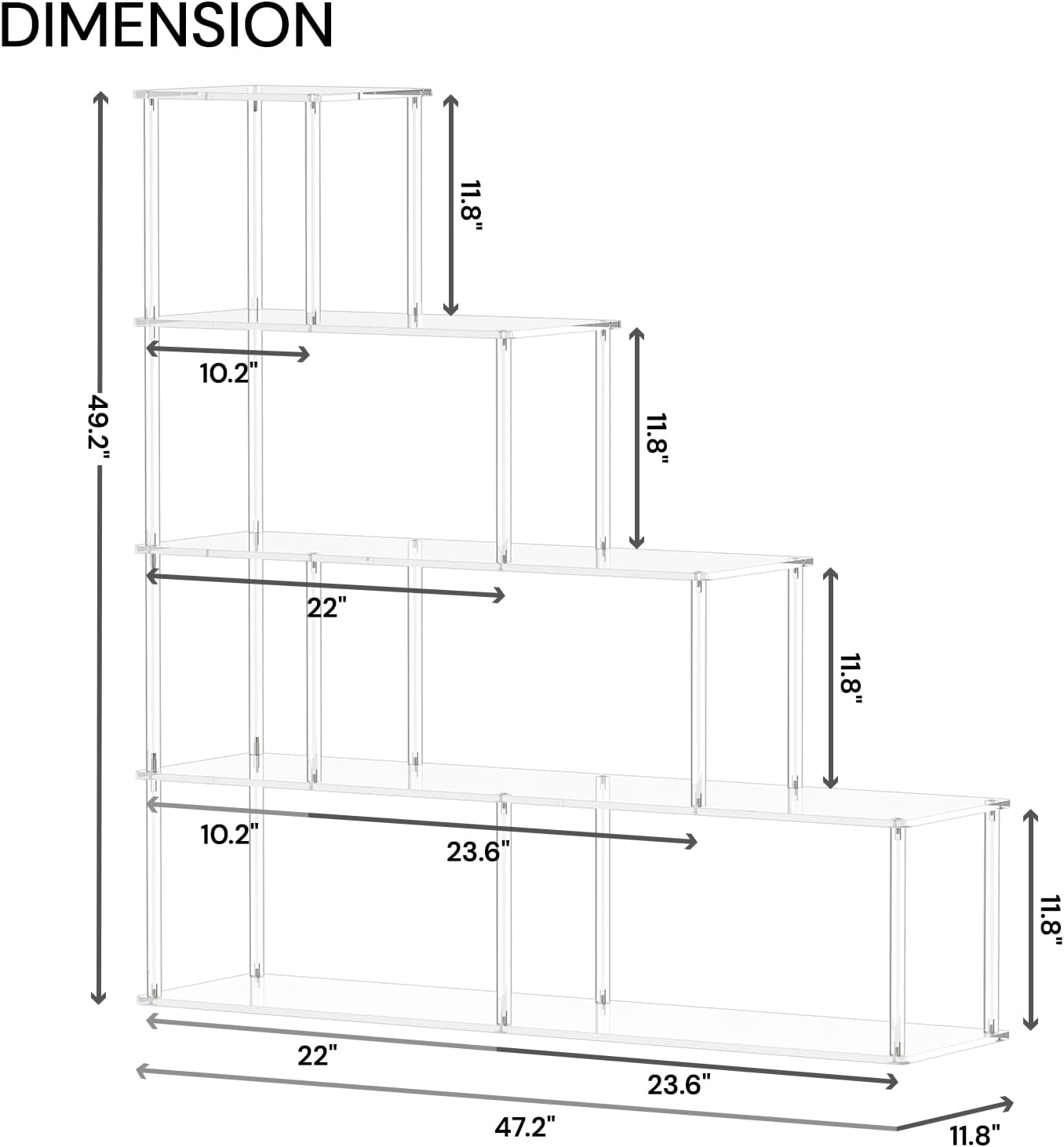 5-Tier Acrylic Stepped Bookshelf with 6 Cube, Modern Bookcase, Clear Open Book Shelf for Home Office, Living Room, Bedroom, 11.8" D x 47.2" W x 49.2" H