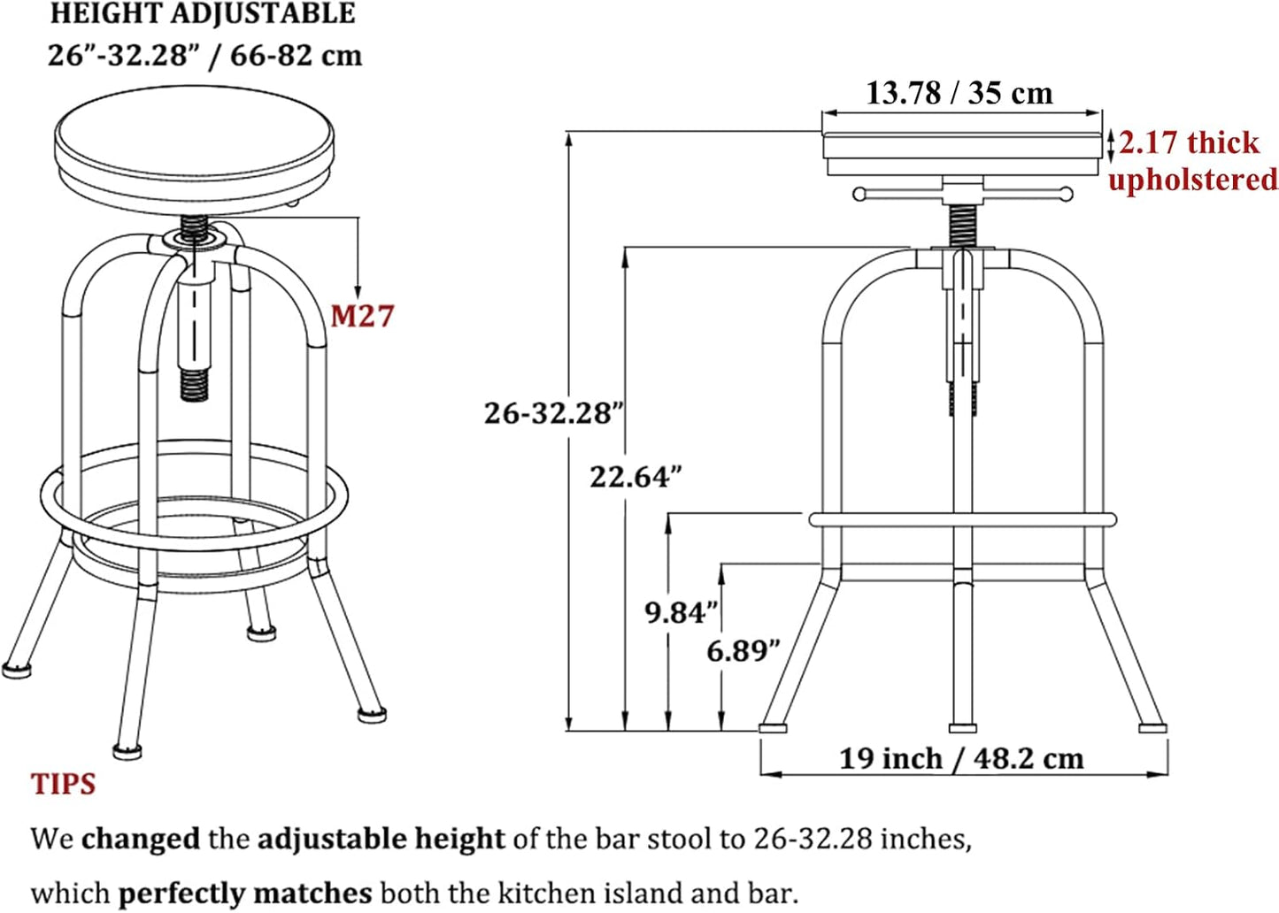 LOKKHAN 32 Inch Vintage Industrial Bar Stool-Swivel Upholstered Metal Bar Height Adjustable Kitchen Counter Breakfast Cafe Stools 2 Pack-Extra Tall 26"-32",PU Leather,Welded