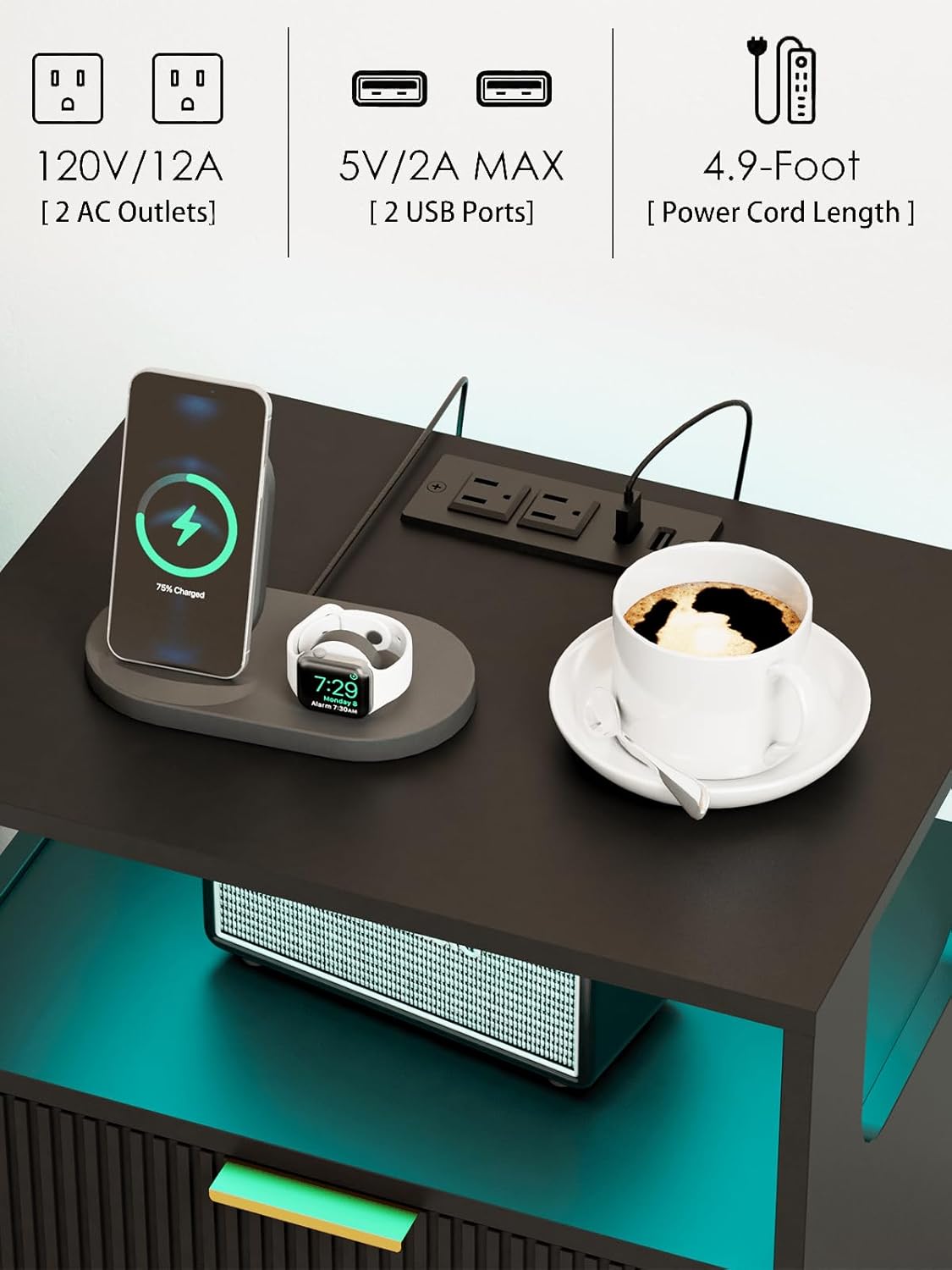 Nightstand, Modern Bedside Table with 2 Storage Drawer and Open Wood Shelf for Bedroom and Small Spaces, Night Stand with Solid Wood Legs (Black-Outlet)