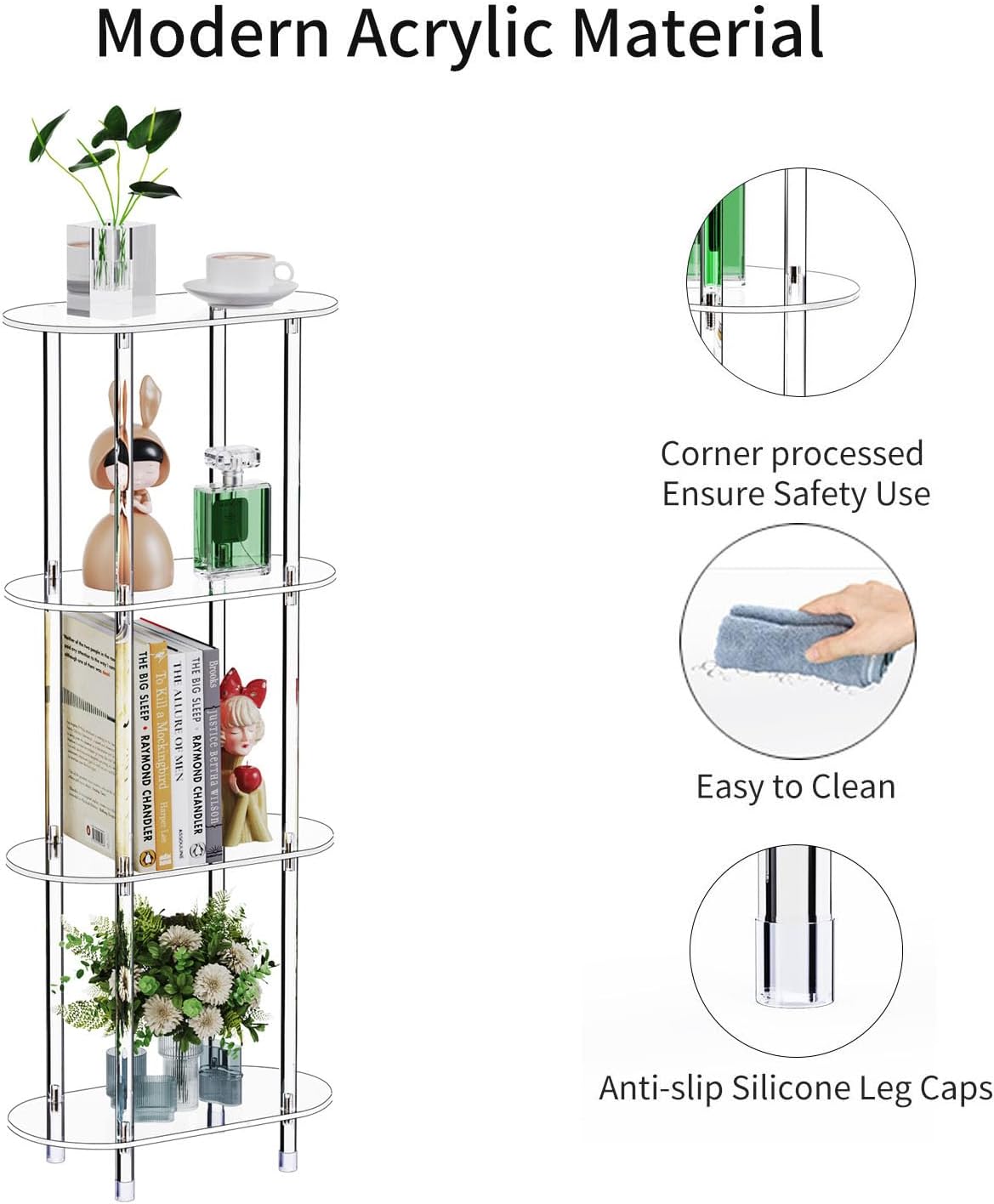 Clear Acrylic Narrow Side Table for Small Spaces, 15.75" L x 7.87" W x 38.7" H, 4 Tier Oval Slim End Table Nightstand, Small Minimalist Skinny Bedside Table for Bedroom, Bathroom, Living Room