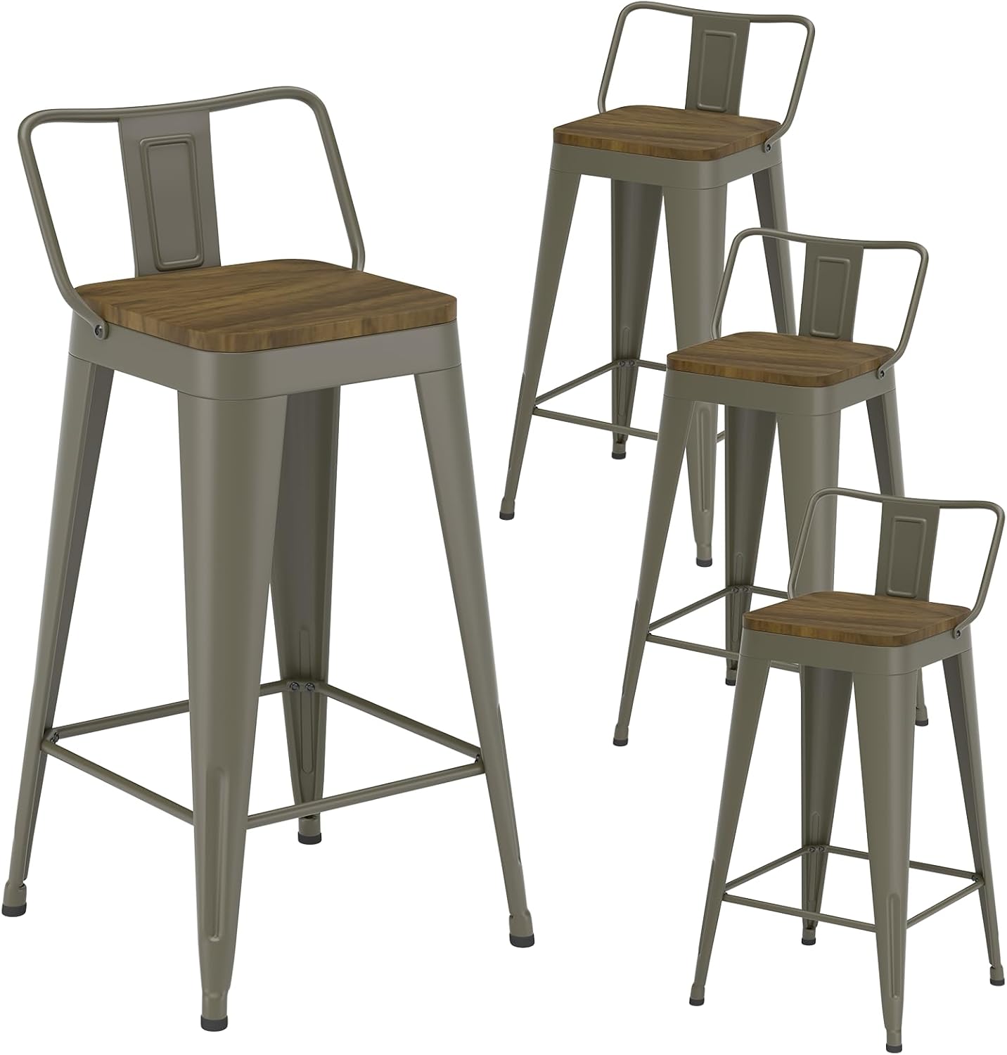 Rusty Bar Stools Set of 4, Metal Bar Stools with Wooden Seat, Modern 24”Counter Height Barstools with Low Back