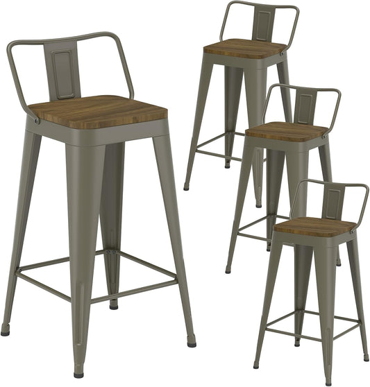 Rusty Bar Stools Set of 4, Metal Bar Stools with Wooden Seat, Modern 26”Counter Height Barstools with Low Back