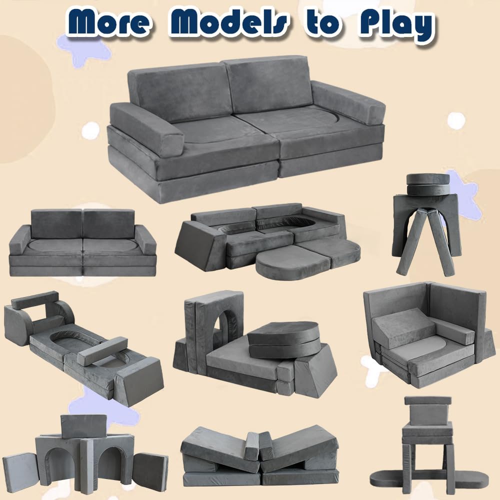 Modular Kids Play Couch Convertible Toddler Building Fort Sofa and Cushion 10Pcs Child DIY Floor Sofa for Sleeping Playroom Bedroom for Boys and Girls (Dark Gray)