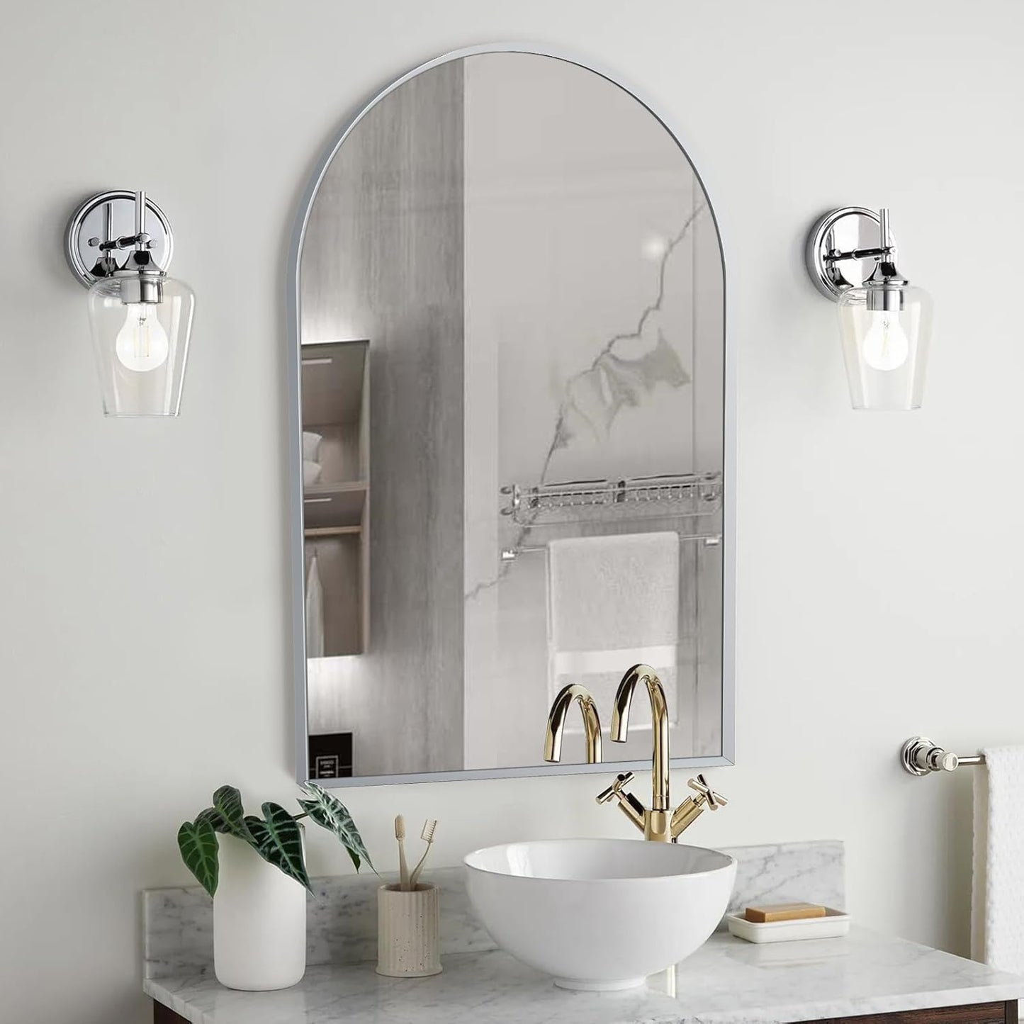 20" x 30" Silver Arched Mirror, Modern Aluminum Alloy Metal Frame, Arch Bathroom Vanity and Wall Decor Mirror for Bathroom, Living Room, Bedroom, Entryway