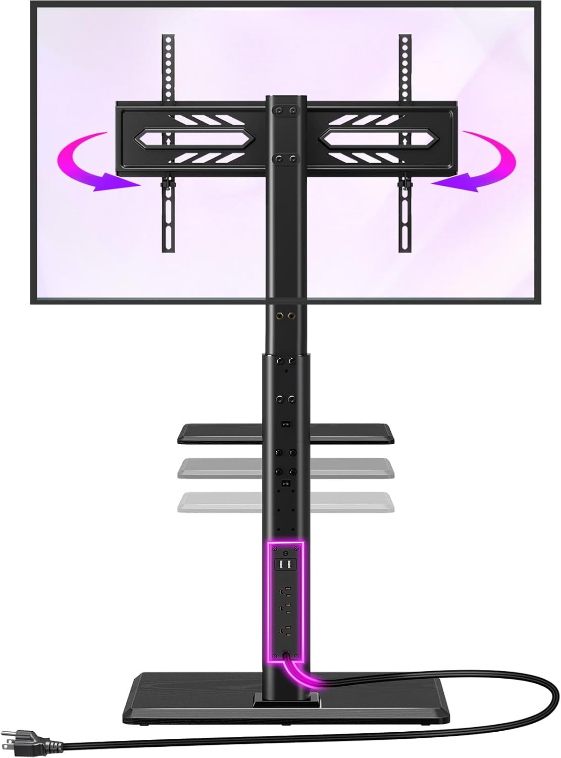 Greenstell TV Stand with Power Outlet & AV Shelf, Universal Floor TV Stand for 32-75 inch TV, Swivel Tall TV Mount Stand, Holds up to 110 LBs,Height Adjustable and Wood Base, Max VESA 600x400mm,Black