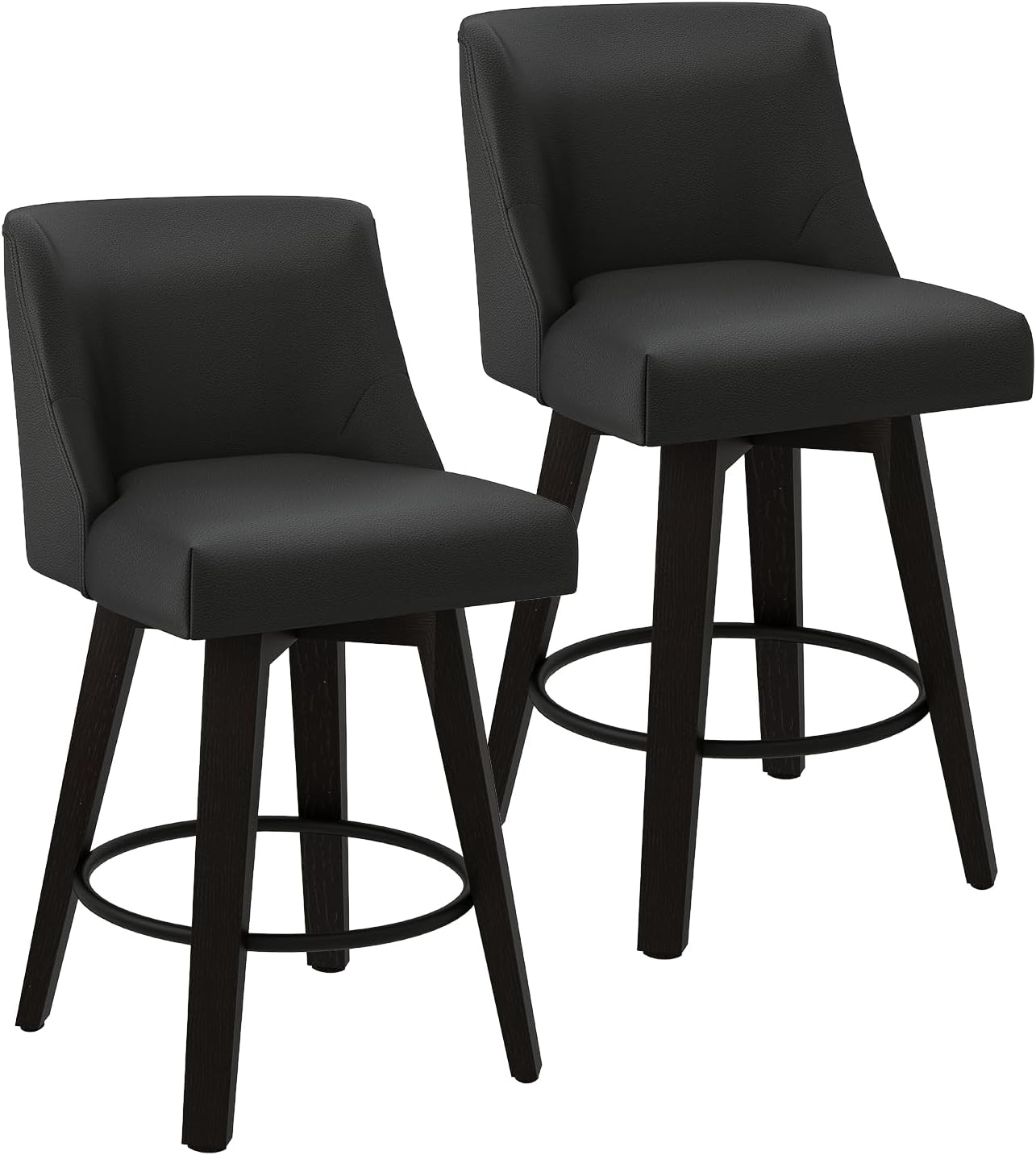 Counter Height Swivel Bar Stools Set of 2, 26 Inch Bar Stools with Footrest, Faux Leather Upholstered Barstools with Back and Solid Wood Legs for Kitchen Island, Dining Room,Pub,Black