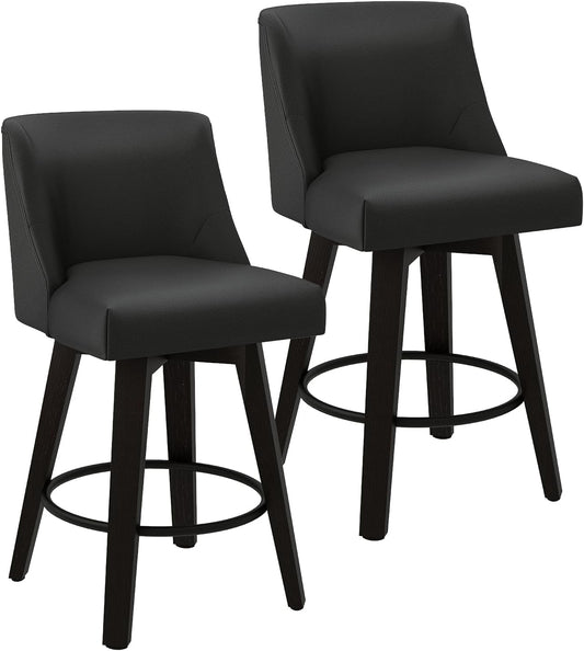 Counter Height Swivel Bar Stools Set of 2, 26 Inch Bar Stools with Footrest, Faux Leather Upholstered Barstools with Back and Solid Wood Legs for Kitchen Island, Dining Room,Pub,Black