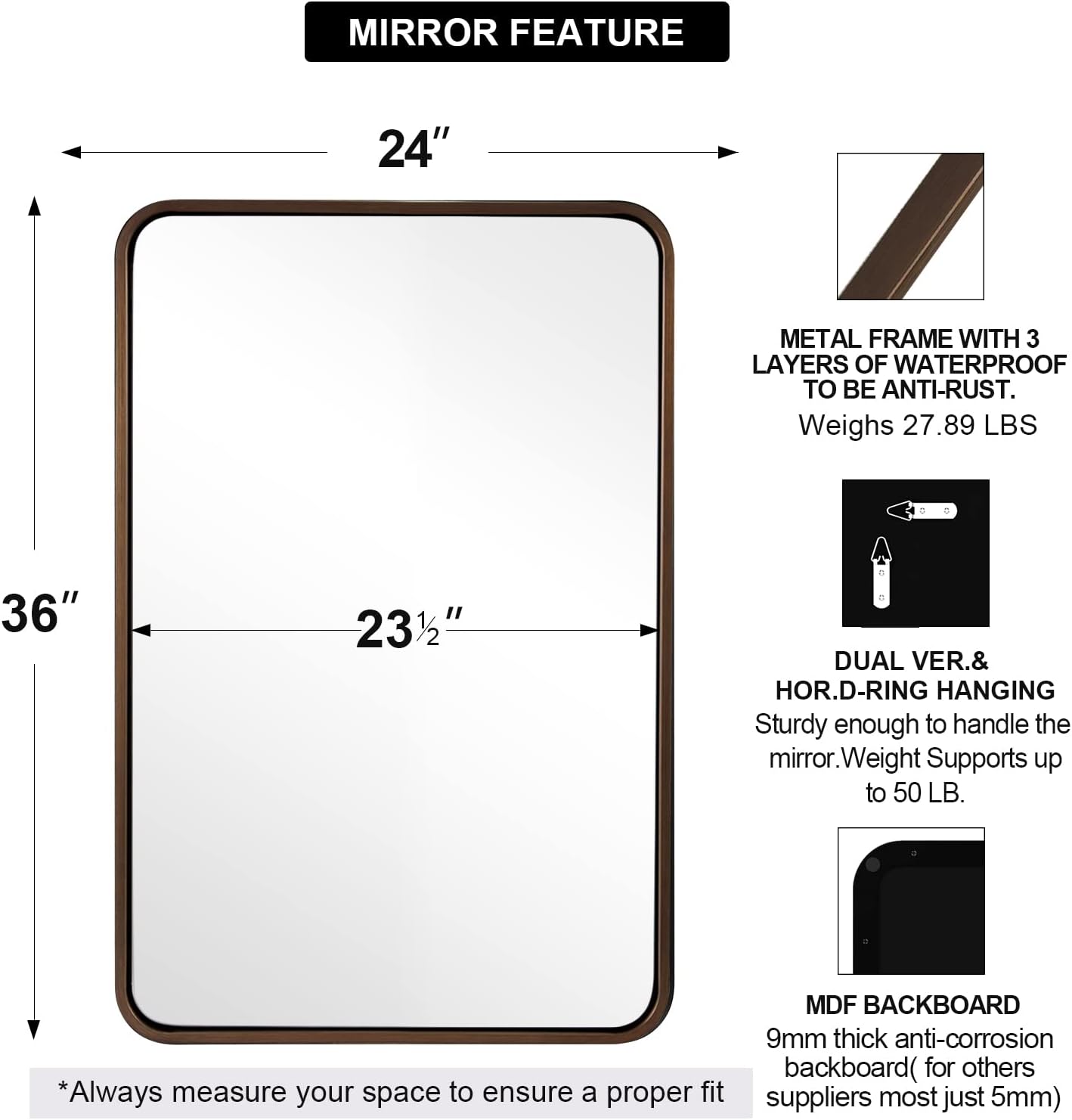 ANDY STAR Bronze Bathroom Mirror, 24X36 Bronze Wall Mirror, Bronze Vanity Mirror, Rounded Rectangle Mirror Bronze Metal Frame Farmhouse Mirror Hang Vertically or Horizontally