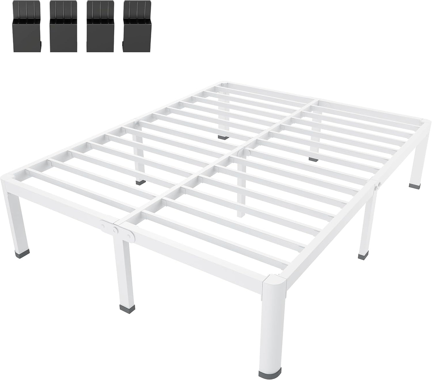 MAF 18 Inch Queen Size Bed Frame White with Round Corner Legs Mattress Slide Stopper No Box Spring Needed Heavy Duty Metal Platform Bed Frames Under-Bed Storage Space, 3000 LBS Steel Slats Support