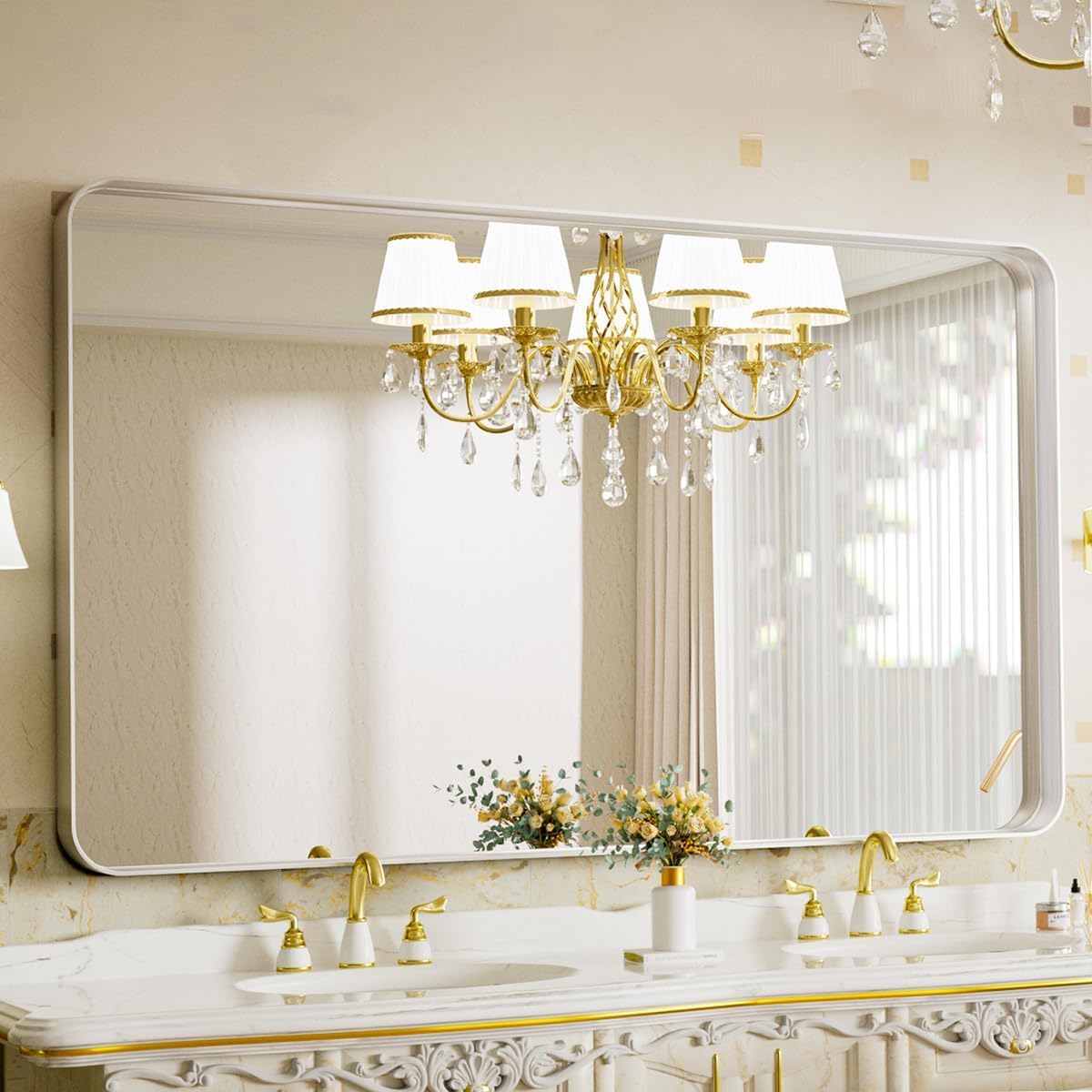 Bathroom Mirror 30x48 inch, Silver Gorgeous Deep Frame Wall Mirror, Modern Round Corner Bathroom Vanity Mirror for Bedroom, Living Room, Hanging or Leaning Horizontal or Vertical, Silver