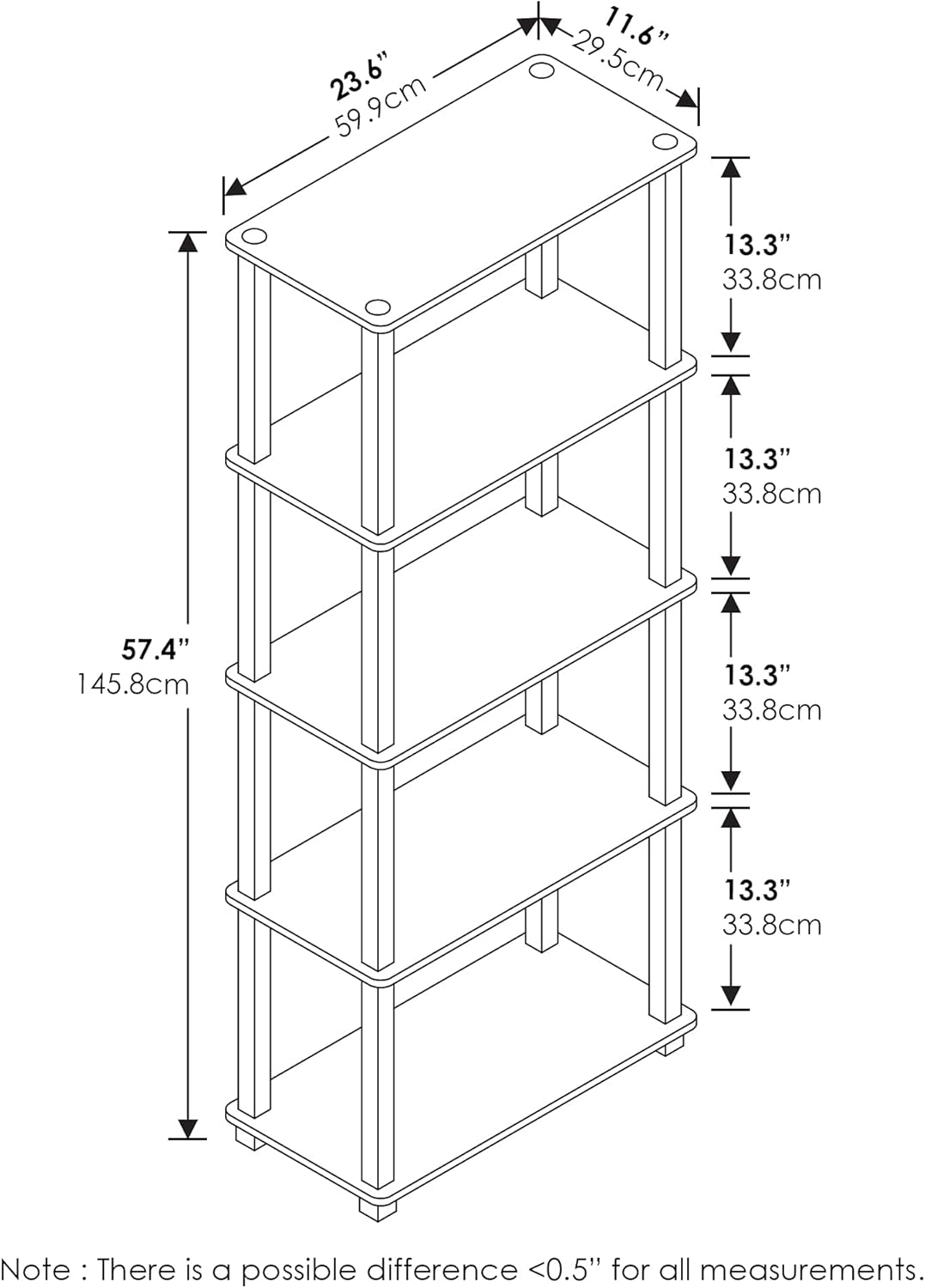 Furinno Turn-N-Tube 5-Tier Multipurpose Shelf / Display Rack / Storage Shelf / Bookshelf, Square Tubes, Sonoma Oak/White
