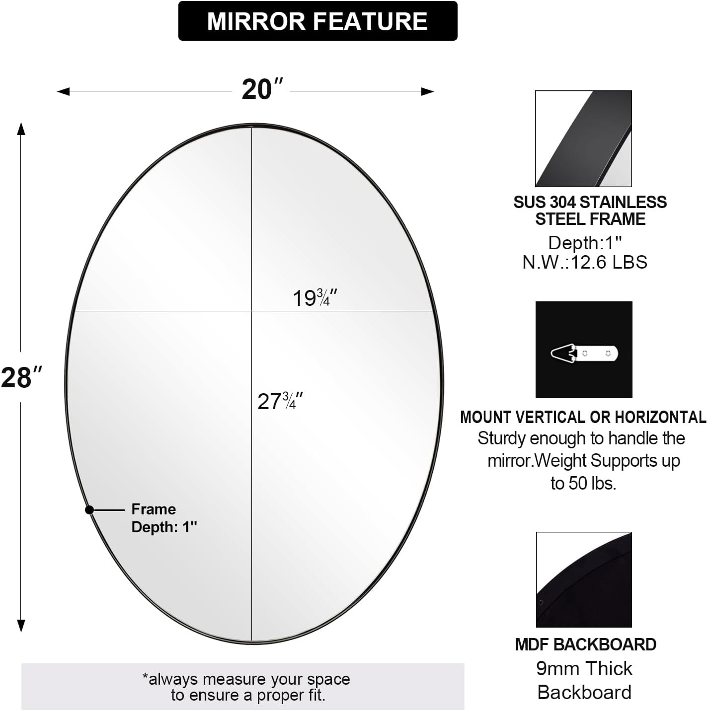 ANDY STAR Oval Bathroom Mirror, Black Oval Mirror for Bathroom, Oval Vanity Mirror for Bathroom, 20x28'' Oval Wall Mirror Pill Shaped Mirror Stainless Steel Frame Wall Mount Horizontal or Vertical