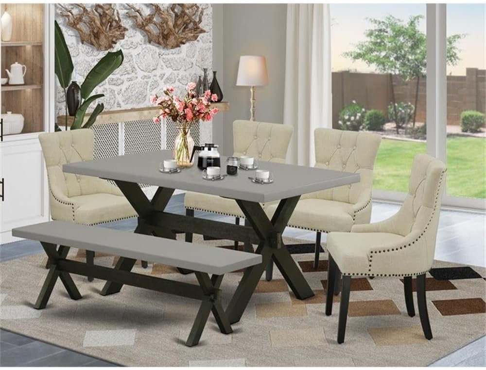 East West Furniture X696FR102-6 6 Piece Dining Set Contains a Rectangle Dining Room Table with X-Legs and 4 Light Beige Linen Fabric Parson Chairs with a Bench, 36x60 Inch, Multi-Color