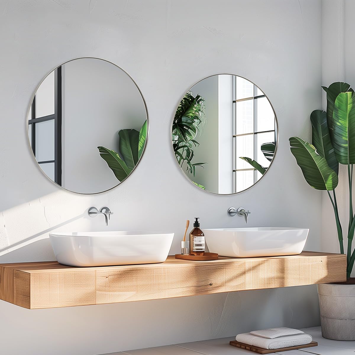 ANDY STAR Round Bathroom Mirror, 24’’ Brushed Silver Round Bathroom Mirrors in Stainless Steel Metal Frame 1" Deep Set Design