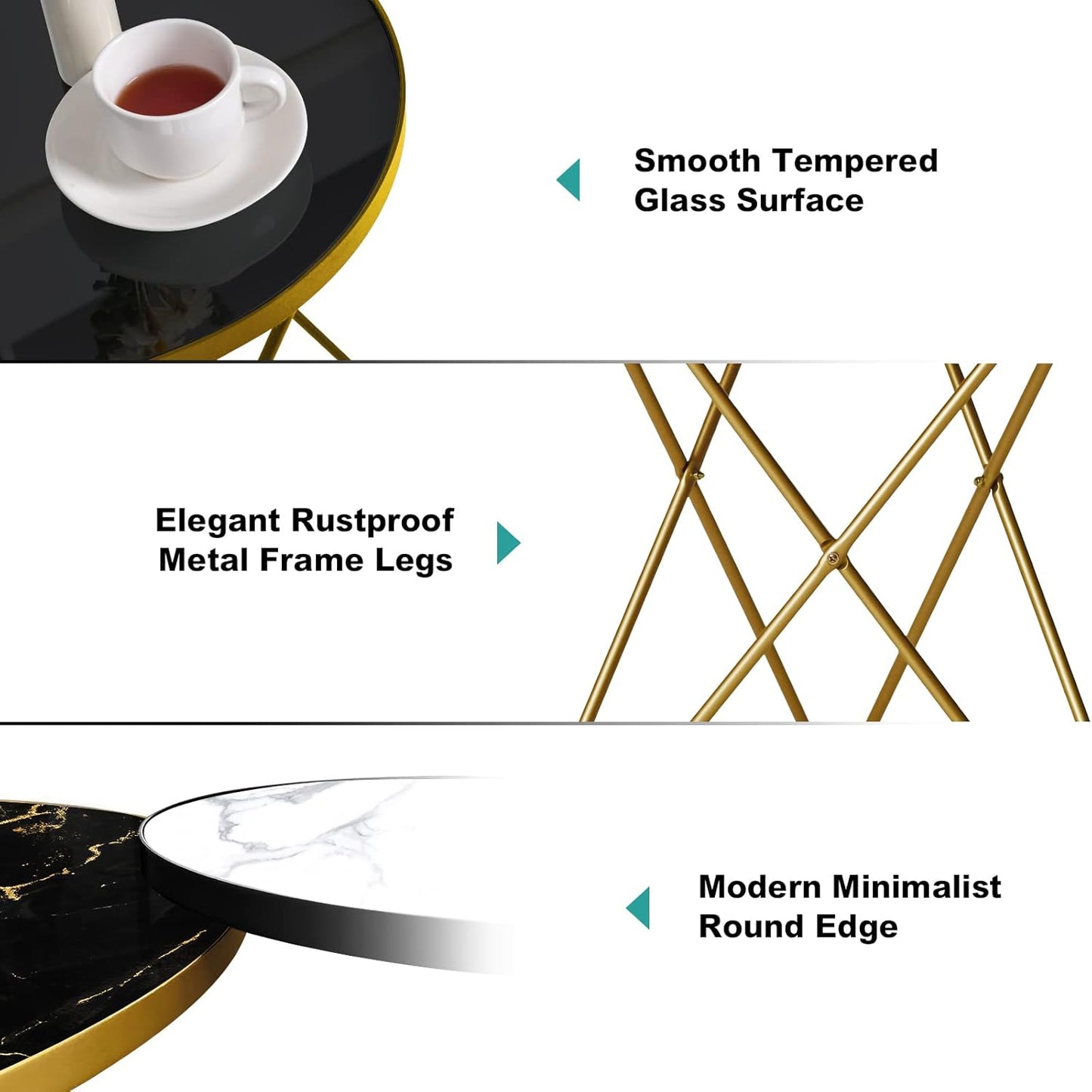 HLR Modern Round Side Table, End Table with Marble Effect Top and Gold Metal Frame, Small Side Table for Living Room, Bedroom, Sofa and Couch, Gold Legs, Black Glass top