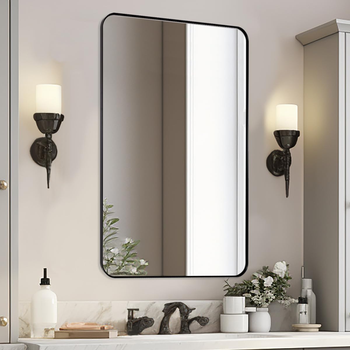 Black Mirrors for Bathroom, 24"x40" Rounded Corner Rectangle Mirror, Modern Metal Frame Bathroom Vanity Mirror for Home Decor Living Room Entryway (Horizontal/Vertical)
