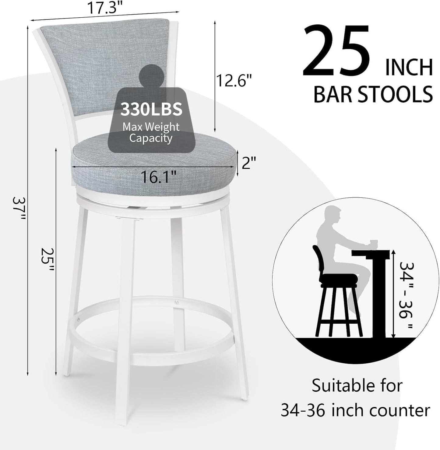 Bar Stools, Counter Height Barstools Set of 2, 25" Linen Fabric Metal Round Swivel Bar Chairs with Back, Modern Upholstered Counter Stools for Kitchen Island, Grey & White