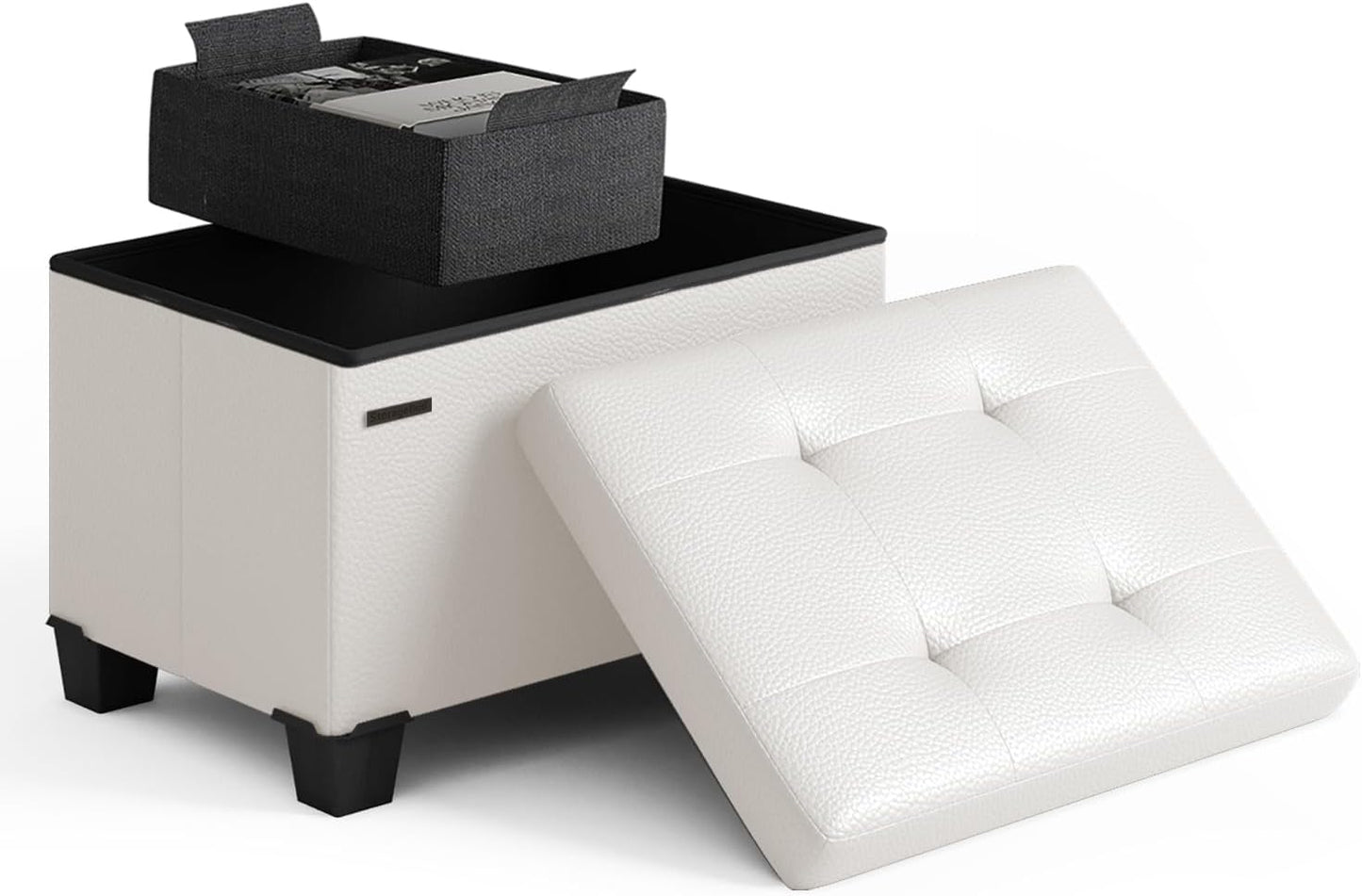 STORAGEBUD Storage Ottoman Cube with Small Bin, 16-in Square Ottoman with Storage for Living Room and Bedroom, Small Ottomans Foot Rest, Faux Leather Foot Stools Ottomans Max 330lbs, Cream