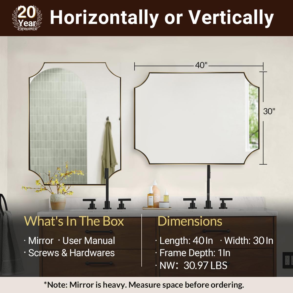 ANDY STAR Gold Scalloped Wall Mirror, 30x40 Brushed Gold Vanity Mirror, Large Rectangle Mirror in Never-Rust Stainless Steel Metal Frame, Wall Mount Vertical or Horizontal