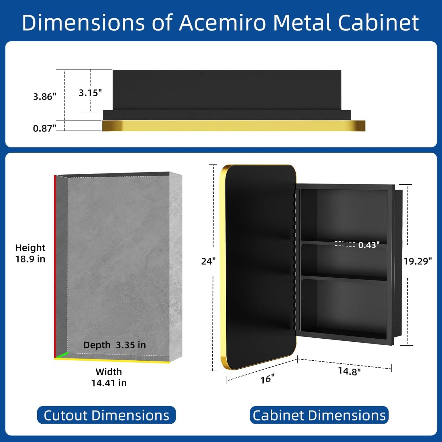 16x24 Inch Mirror Medicine Cabinet for Bathroom Gold Metal Frame Bathroom Medicine Cabinet with Mirror Recessed or Wall Mounted