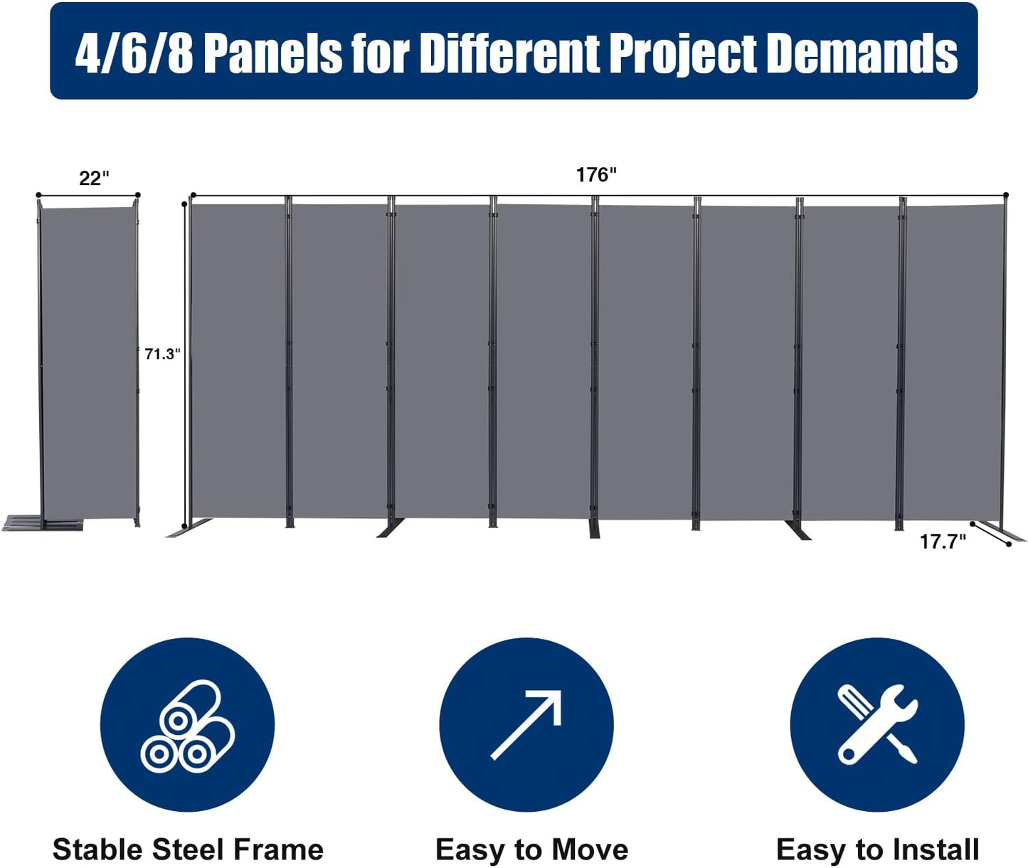Room Divider 6FT Portable Room Dividers and Folding Privacy Screens, 176'' W Fabric Divider for Room Separation, 8 Panel Partition Room Dividers Freestanding Wall Divider Screen for Dorm Studio Office