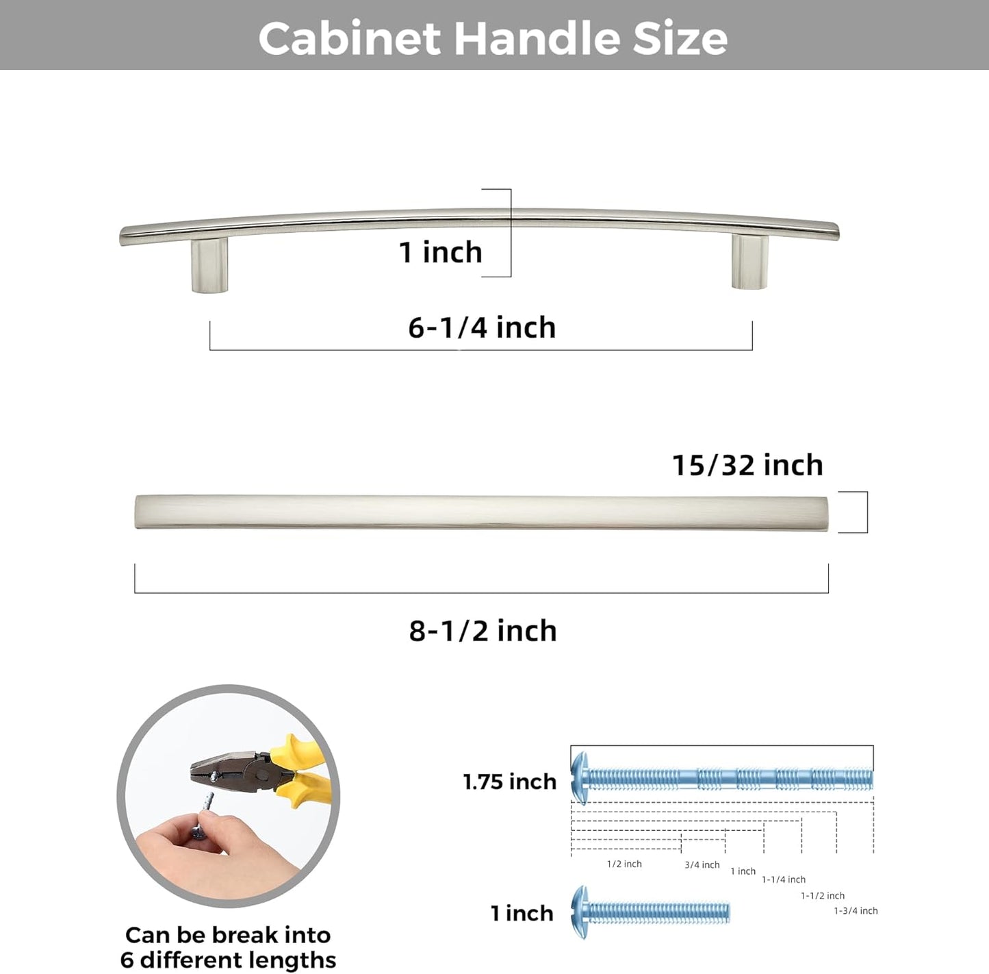 25 Pack Cabinet Handles 6.25" Hole Center - Curved Cabinet Pulls Brushed Nickel Drawer Pulls for Kitchen Cupboard Solid Hardware for Dresser Drawer Arch Hardware