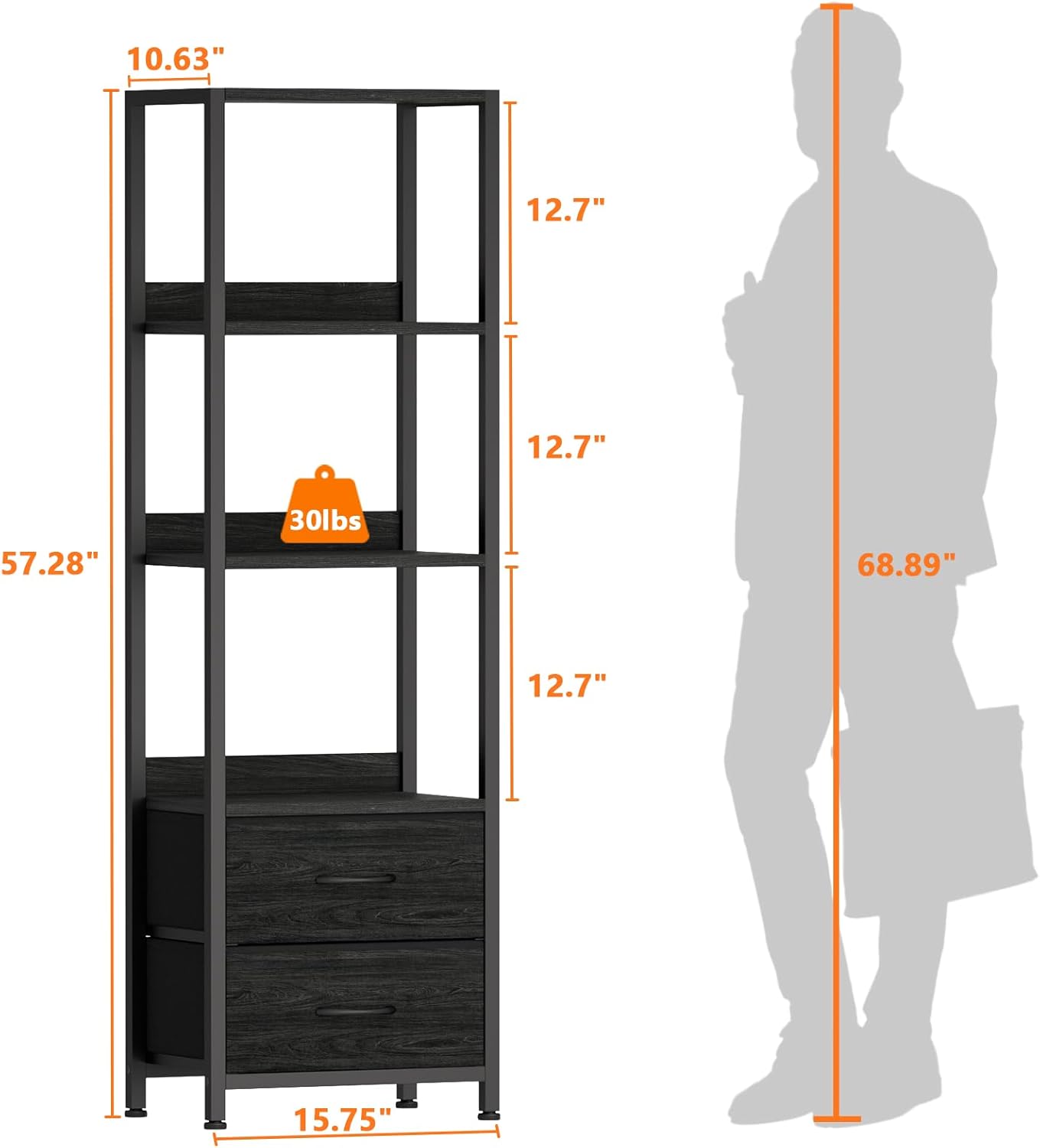 Furnulem 4-Tier Corner Shelf, Bookshelf with 2 Storage Drawers, 57.28”Tall Narrow Bookcase, Standing Shelf Organizer Unit for Living Room, Bedroom, Metal Frame, Wood Display Shelf
