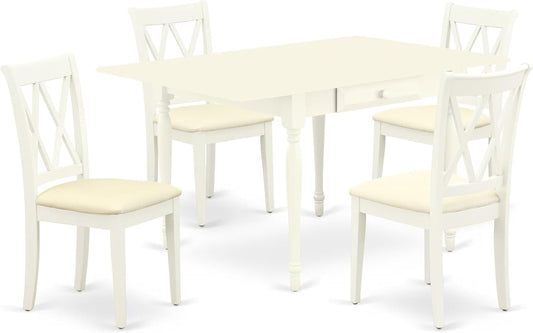 East West Furniture MZCL5-LWH-C 5 Piece Kitchen Table Set for 4 Includes a Rectangle Dining Room Table with Dropleaf and 4 Linen Fabric Upholstered Dining Chairs, 36x54 Inch, Linen White