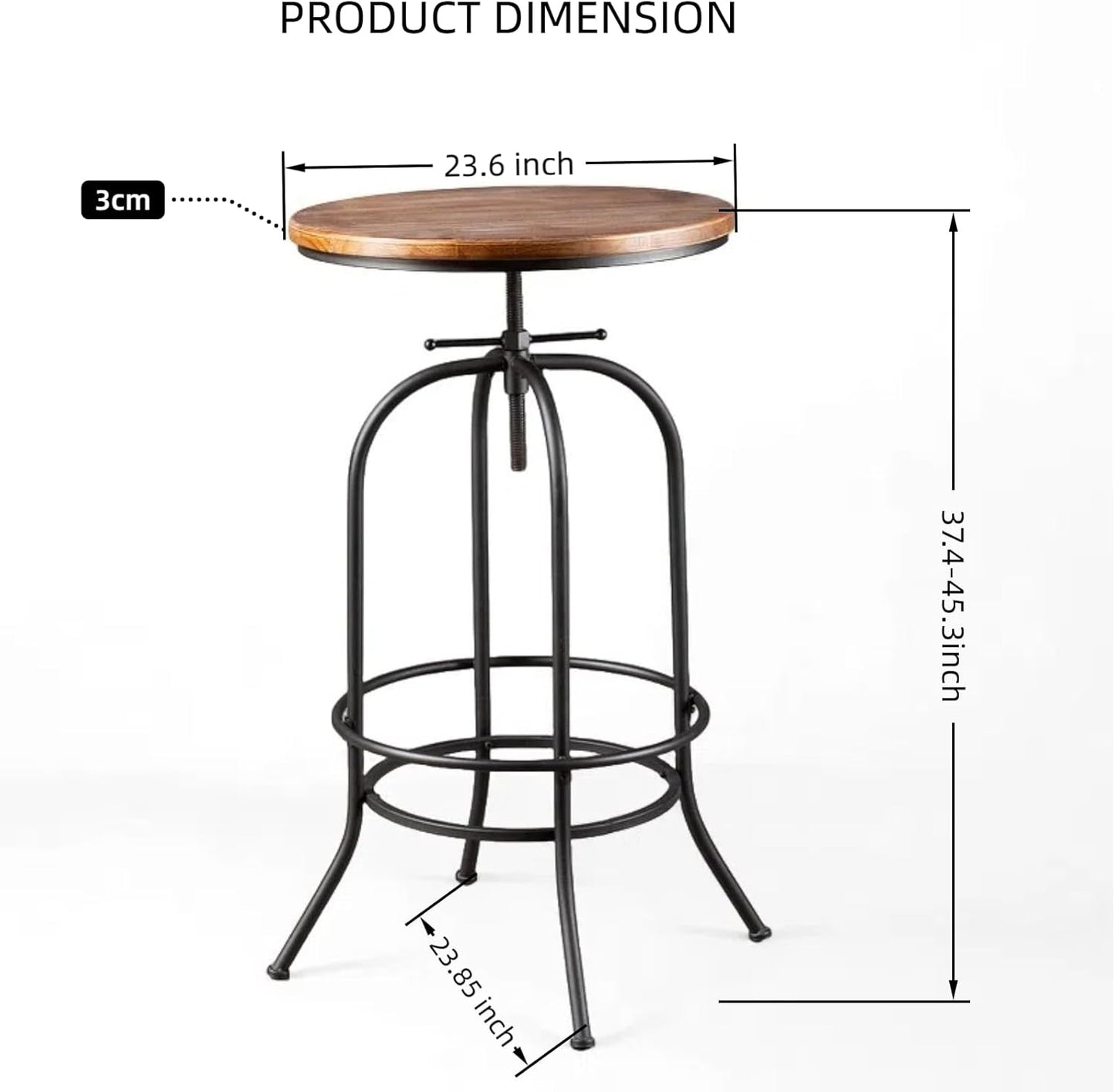 Industrial Bar Table Height Adjustable 37.4-45.3inch Vintage Swivel Pub Tables Solid Wood Top Metal Base with Footrest