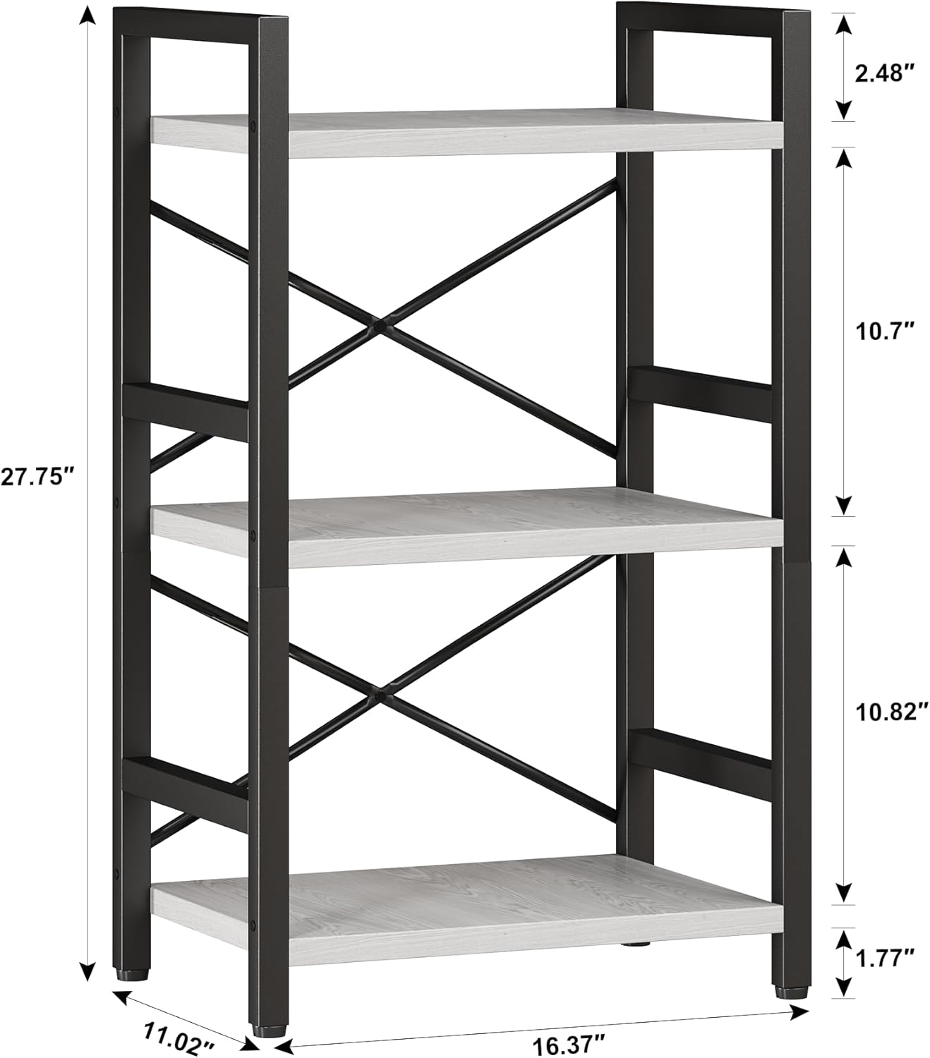 Homeiju Bookshelf, 3 Tier Industrial Bookcase, Metal Small Bookcase, Rustic Etagere Book Shelf Storage Organizer for Living Room, Bedroom, and Home Office(White) Patent Pending D29873033