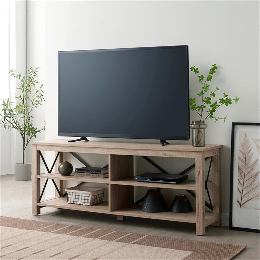 Henn&Hart Rectangular TV Stand for TV's up to 70" in White Oak, Electric Fireplace TV Stands for the Living Room