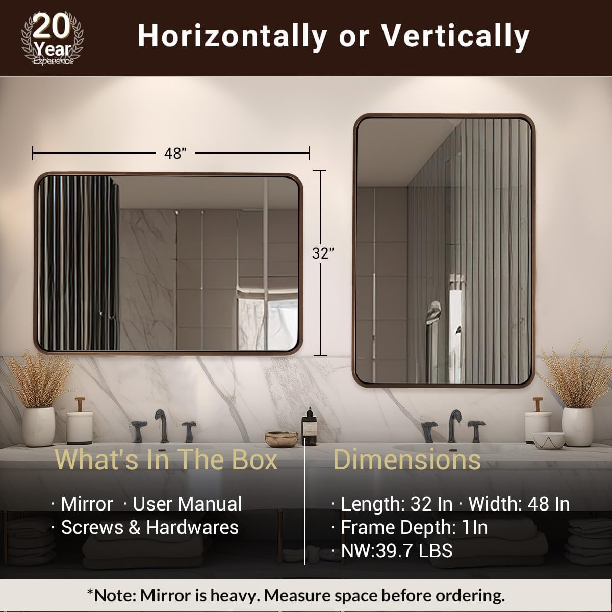 ANDY STAR 48x32 Inch Bronze Bathroom Mirror, Rounded Rectangle Oil Rubbed Bronze Mirrors for Bathroom,Tube Metal Framed, 1’’ Deep Wall Mounted Vertically/Horizontal