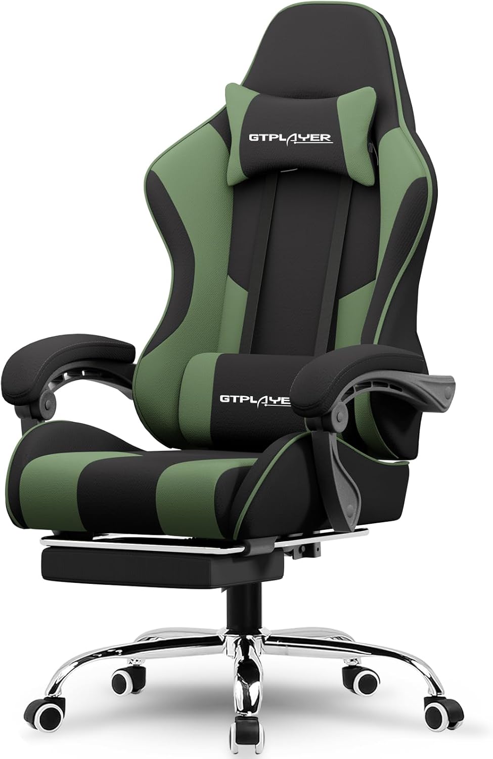 GTPLAYER Gaming Chair, Computer Chair with Footrest and Lumbar Support, Height Adjustable Game Chair with 360°-Swivel Seat and Headrest and for Office or Gaming (Green, Fabric)