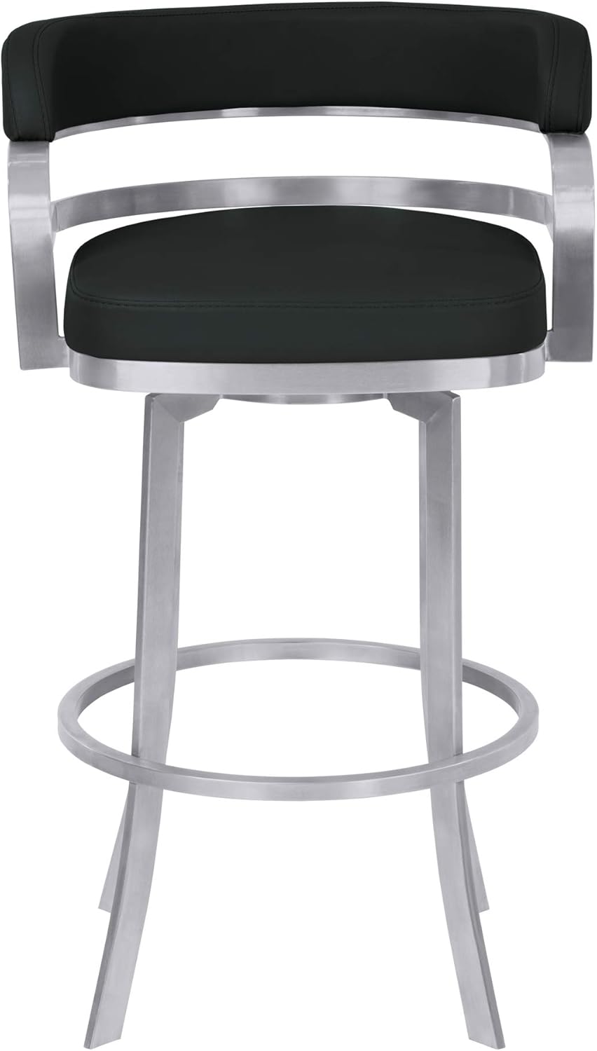Armen Living Prinz 26" Counter Height Swivel Barstool in Black Faux Leather and Brushed Stainless Steel Finish