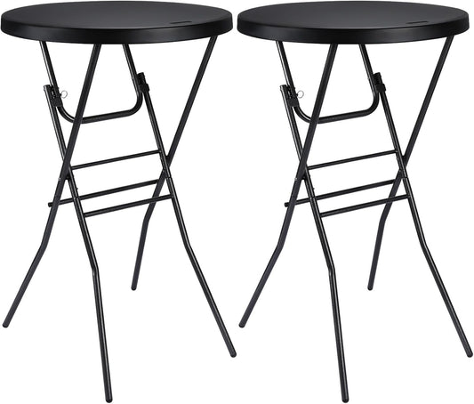 Cocktail Table 28in Folding Round High Top Indoor Outdoor with Removable Legs, Tall Bistro Foldable Bar Height Table for Parties, Patio, Backyard, Dining Room, Events, Black- 2PCS