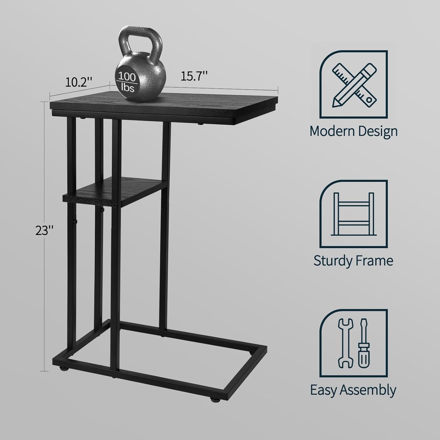 Yoobure C Shaped End Table, Side Table for Couch and Bed, Small Side Table for Small Spaces, Living Room, Bedroom, Rustic Snack Table
