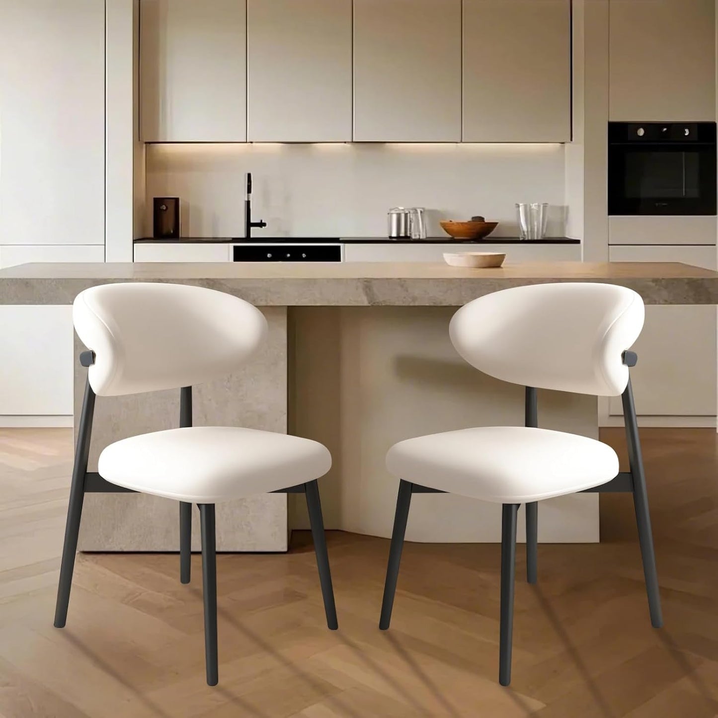 Upholstered Dining Chairs Set of 2,Mid Century Modern Kitchen Chairs with Back and Wood Frame,Faux Leather Dinner Chairs (White + Black Legs, Set of 2)