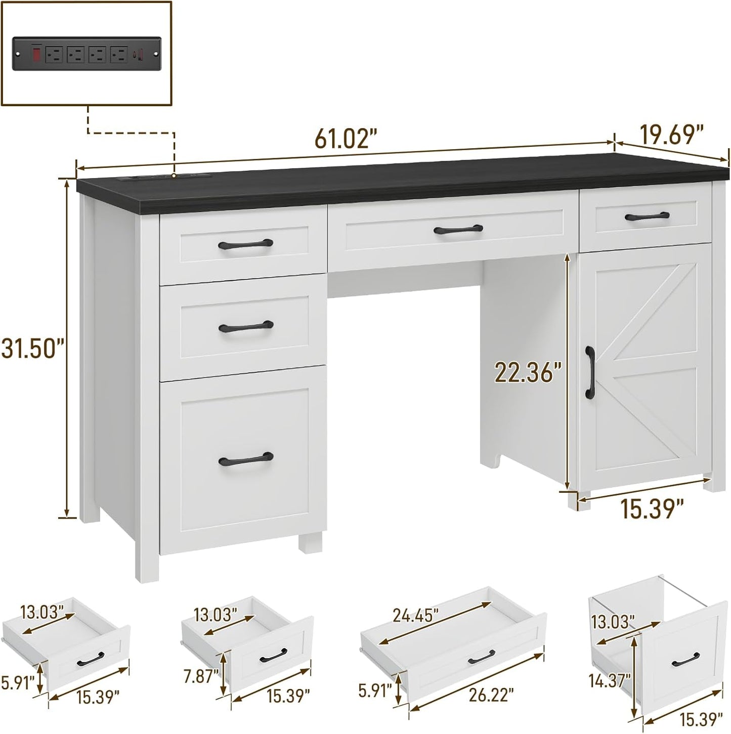 Farmhouse 61'' Executive Desk with 5 Drawers, Rustic Office Desk Computer Desk with Charging Station, File Drawers and Storage Cabinet, Wood Workstation for Home Office and Study.(Black Top)