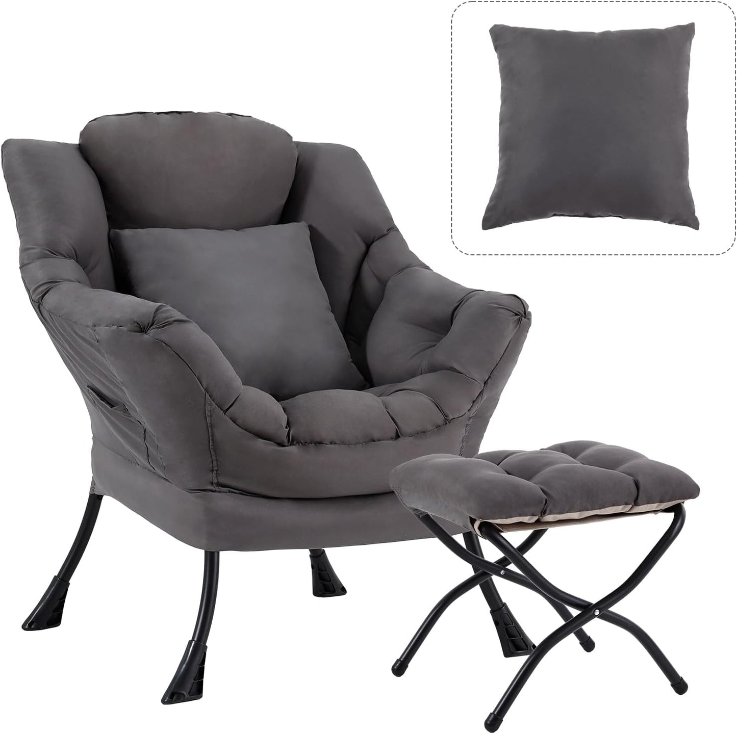 Large Lazy Chair with Ottoman, Accent Reading Chair with a Throw Pillow, Cozy Lounge Chair with Armrest, Leisure Sofa Chair for Living Room, Bedroom, Dorm, Dark Grey