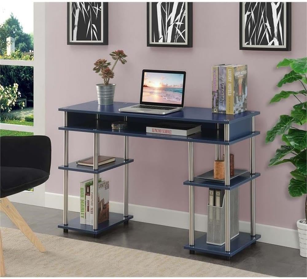 Convenience Concepts Designs2Go No Tools Desk Home Office Desk with Shelves, Corner Shelf Vanity Desk Computer Desk Nail Table for Nail Tech - 47.25" L x 15.75" W x 30" H, Cobalt Blue