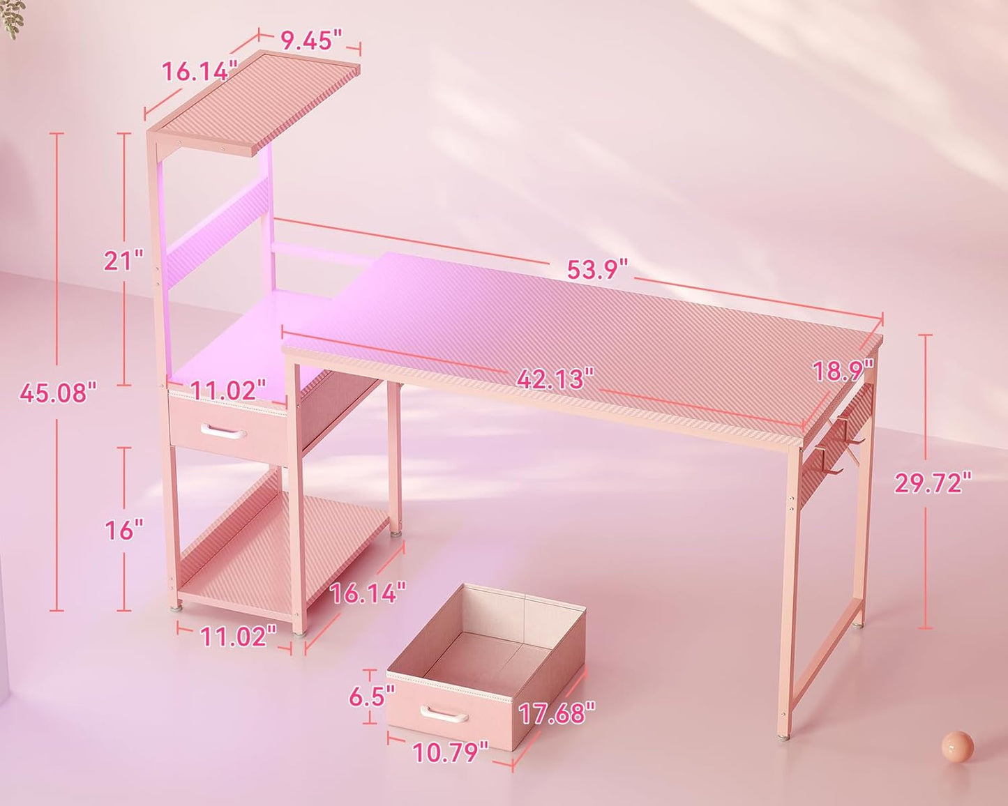 Casaottima 54 Inch Gaming Desk with Storage & LED Lights, Reversible Computer Desk with Display Shelves & Fabric Drawer, Modern Gamer Desk Table with Side Headphone Hook, Carbon Fiber Pink