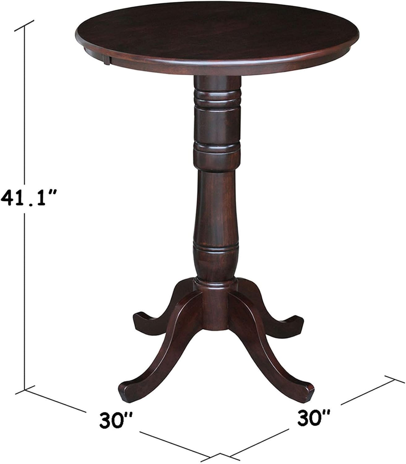 IC International Concepts 30" Round Top Pedestal Table, Bar Height-40.9", Rich Mocha