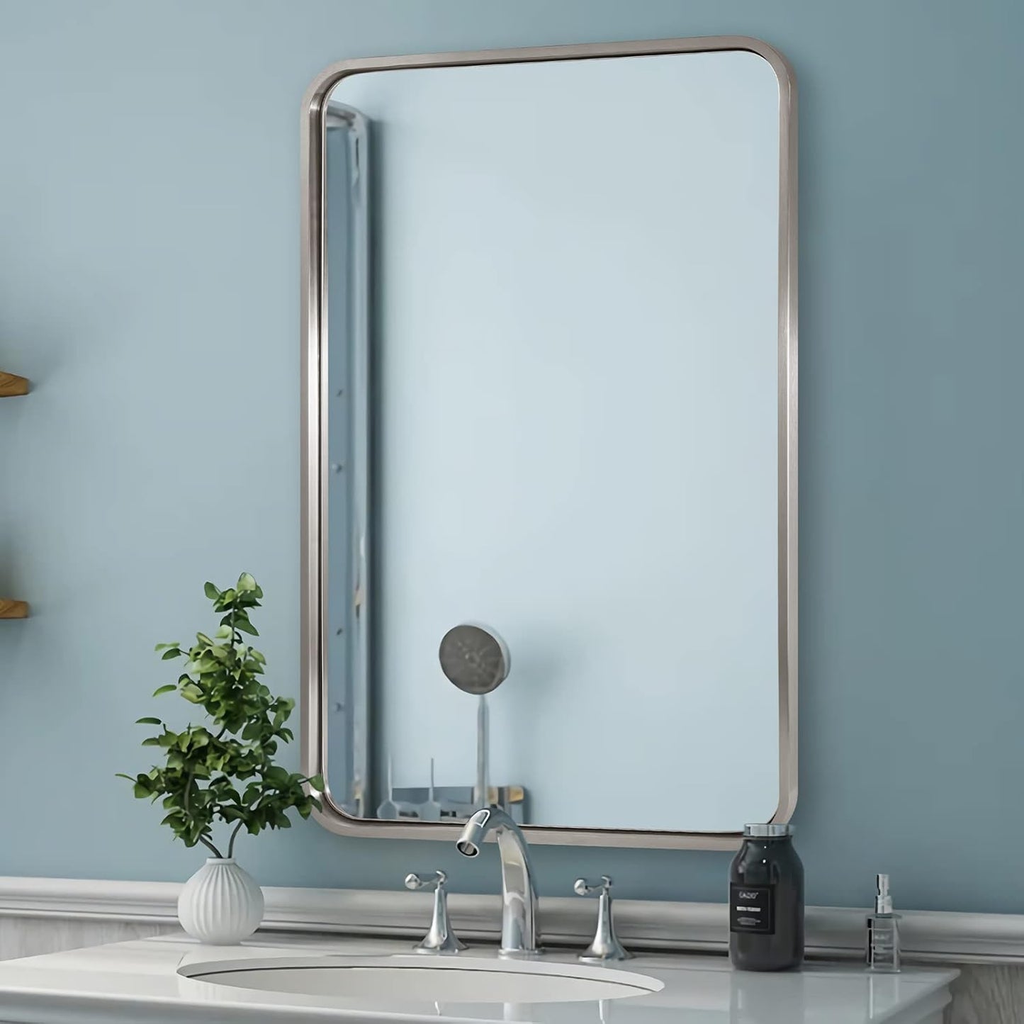 ANDY STAR 22x30'' Brushed Nickel Bathroom Mirror, Rounded Rectangle Brushed Silver Mirror for Bathroom Vanity SUS304 Metal Tube Framed(Rustproof) 1’’ Deep Wall Mounted Vertically/Horizontally