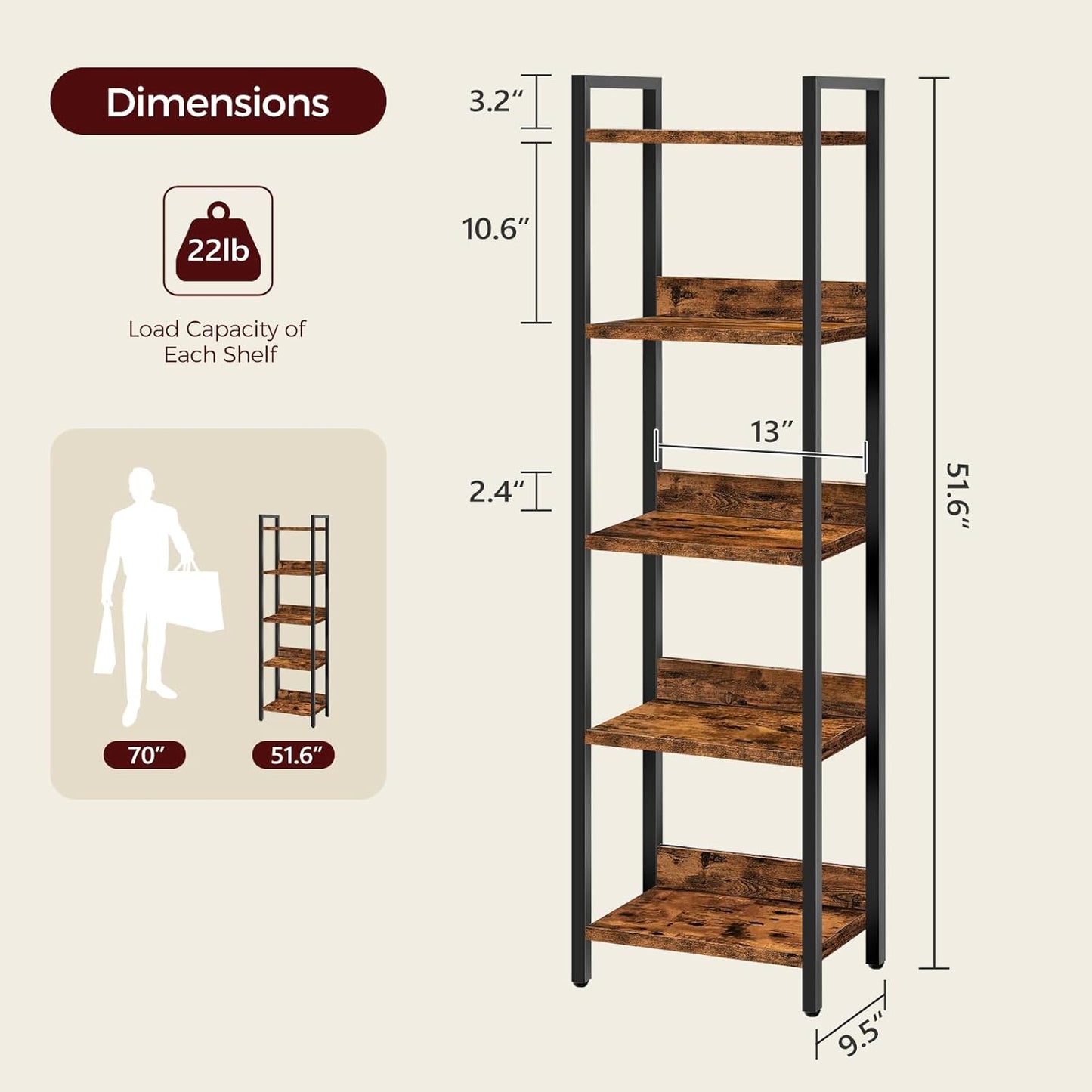 Bookshelf, 5-Tier Bookcase, Standing Book Shelf for Small Space, Storage Shelf Organizer, for Living Room, Bedroom, Study, Balcony, Rustic Brown and Black BKHR5501