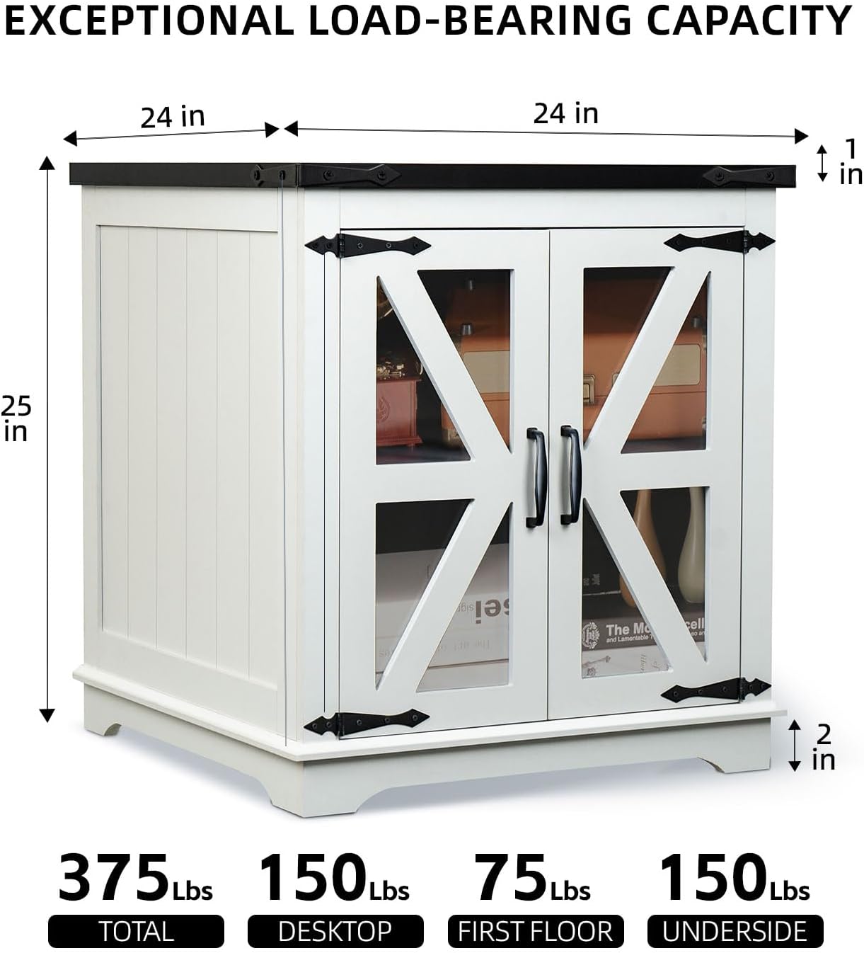 Farmhouse End Table, 24" Large End Tables with Storage, Rustic Square Sofa Beside Table with Glass Barn Door, Wood Side Table Square Nightstand for Living Room, Bedroom, Office (White)